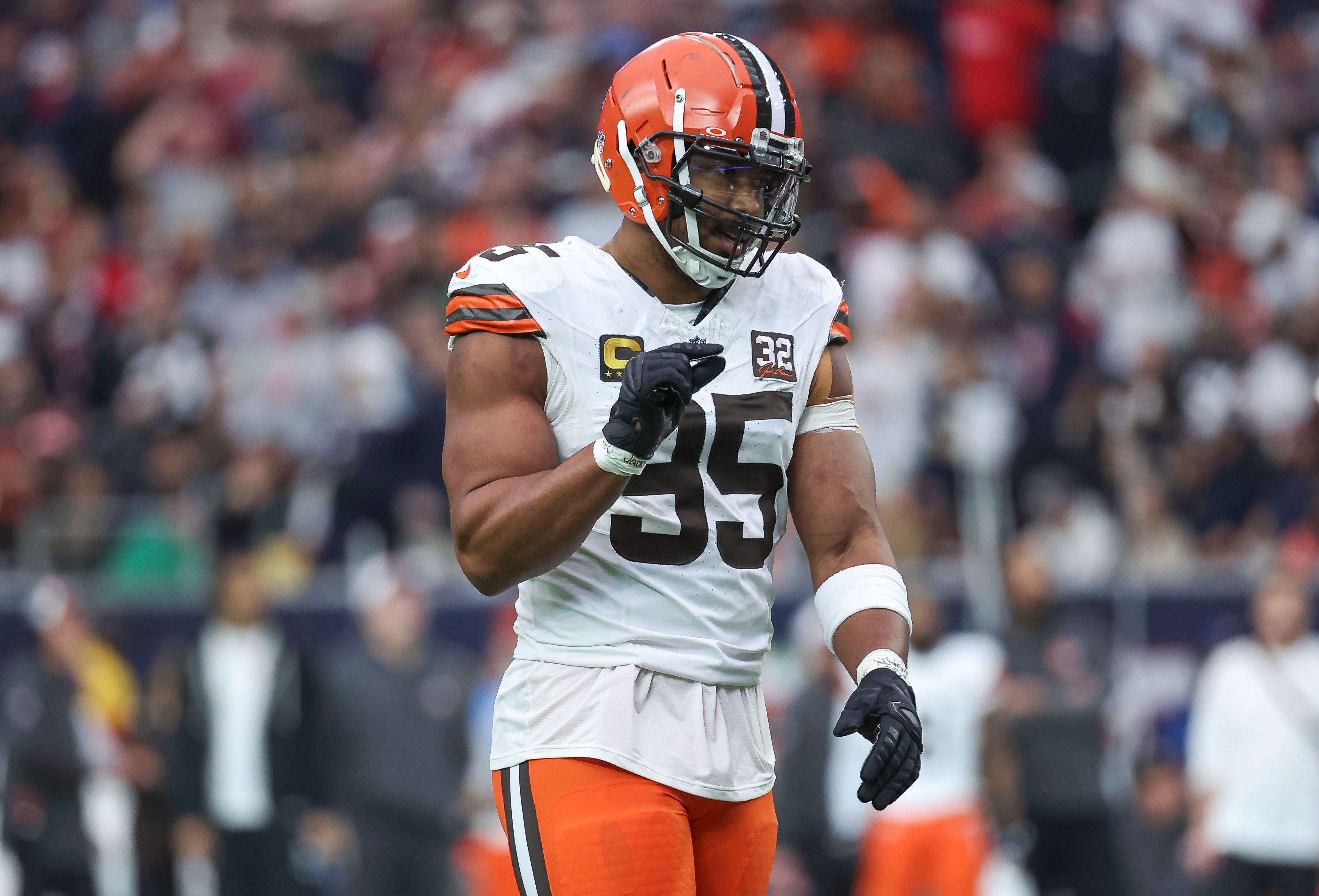 Jan 13, 2024; Houston, Texas, USA; Cleveland Browns defensive end Myles Garrett (95) reacts in a 2024 AFC wild card game against the Houston Texans at NRG Stadium. Mandatory Credit: Troy Taormina-USA TODAY Sports