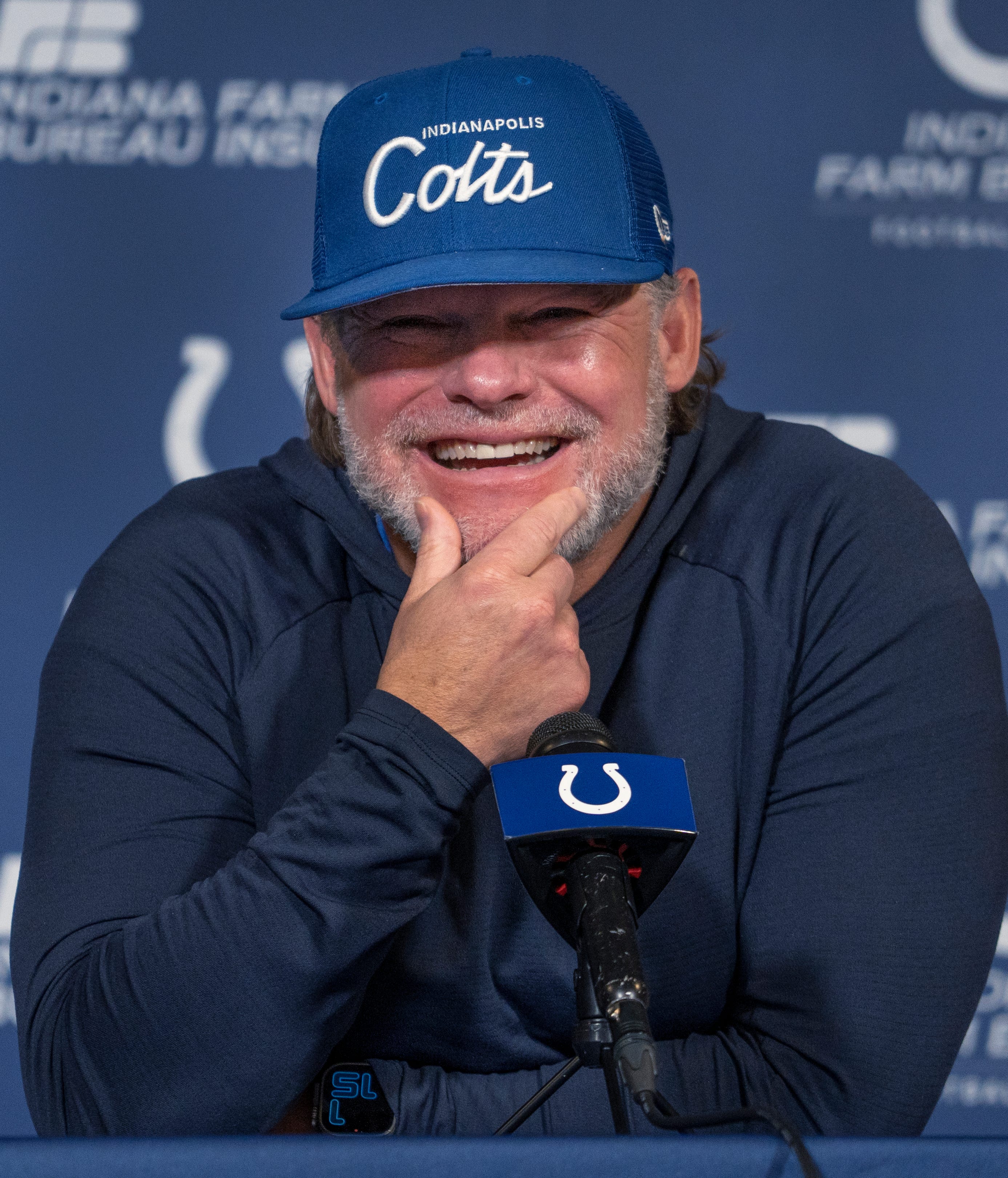 Indianapolis Colts General Manager Chris Ballard speaks to the media Thursday, Jan. 11, 2024 at the Indiana Farm Bureau Football Center, the Colts Complex.