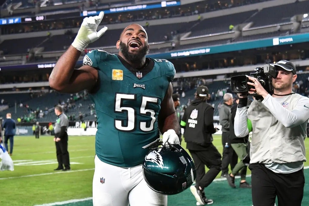 Philadelphia Eagles defensive end Brandon Graham (55) runs off the field after win against the Dallas Cowboys at Lincoln Financial Field.