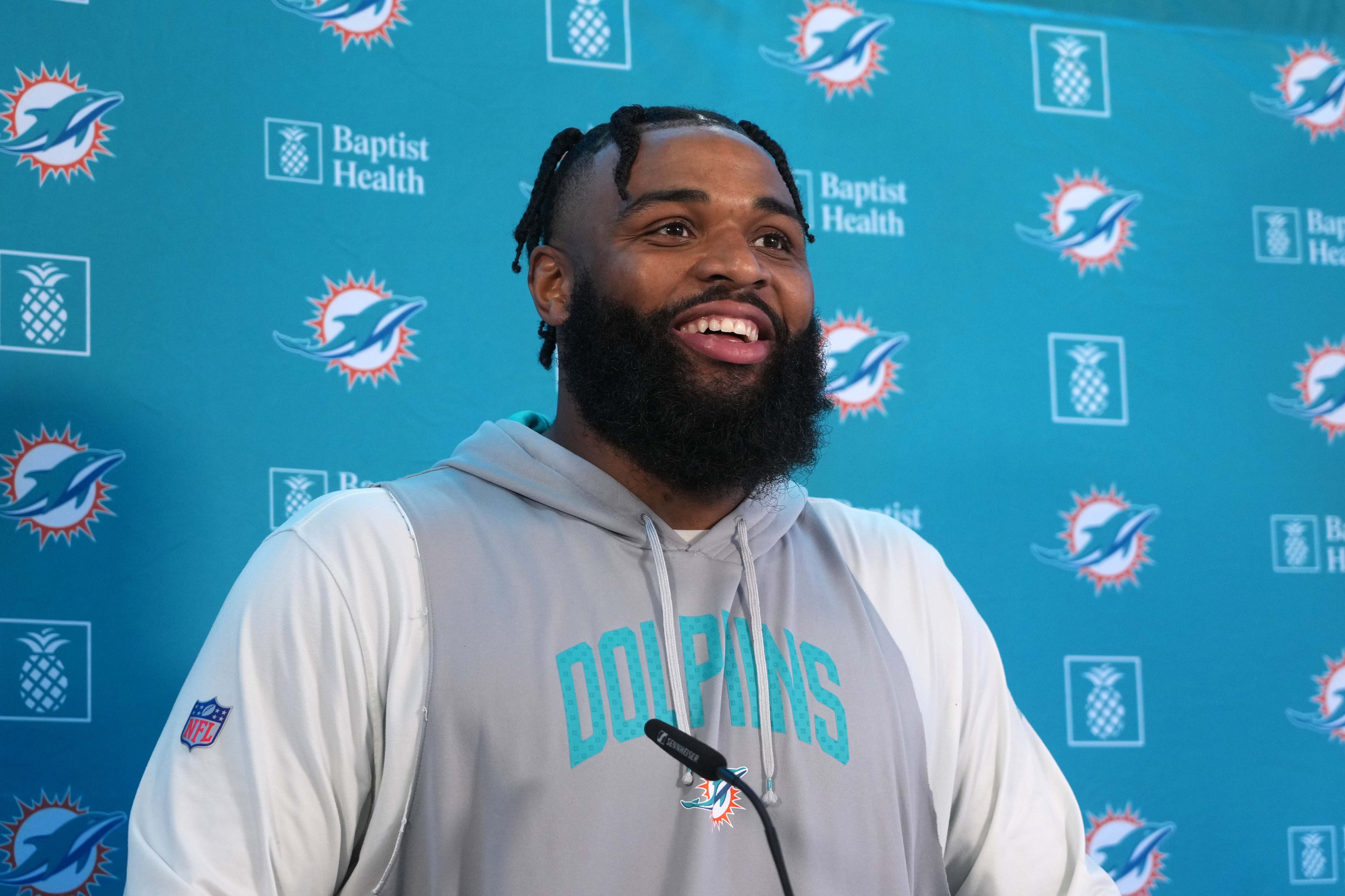 Nov 2, 2023; Frankfurt, Germany; Miami Dolphins defensive tackle Christian Wilkins at press conference at the PSD Bank Arena.