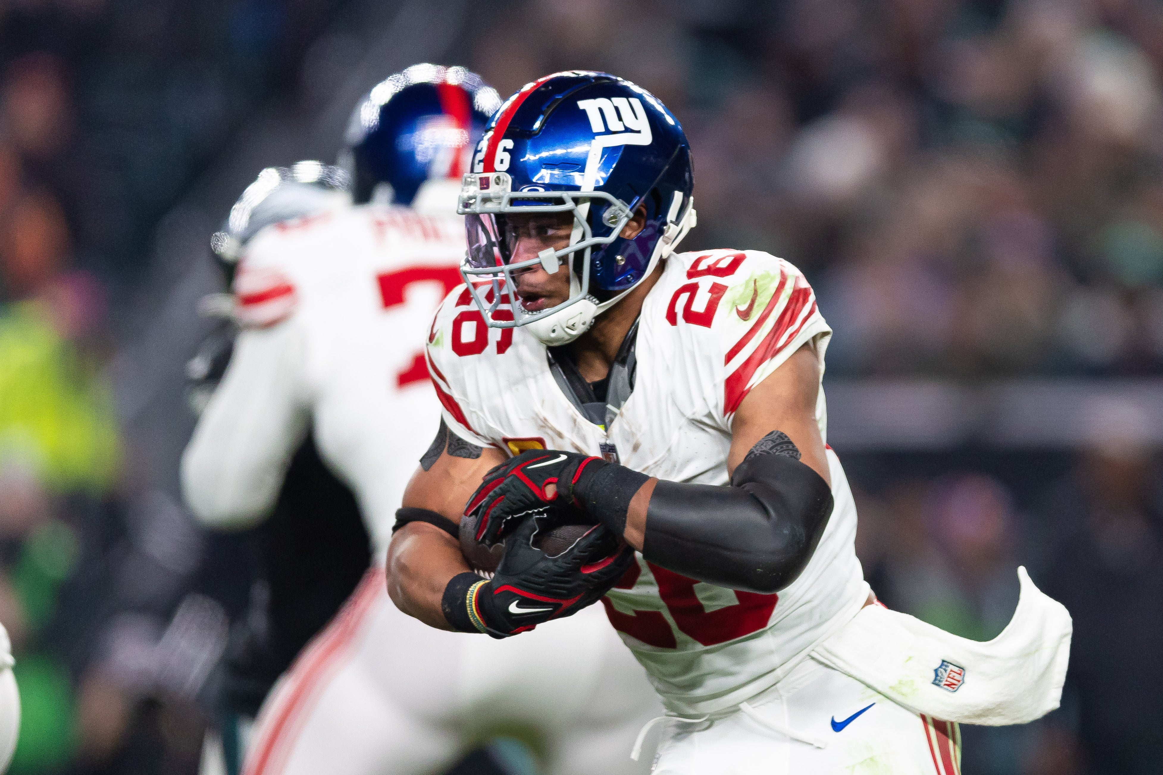 Dec 25, 2023; Philadelphia, Pennsylvania, USA; New York Giants running back Saquon Barkley (26) in action against the Philadelphia Eagles during the third quarter at Lincoln Financial Field.