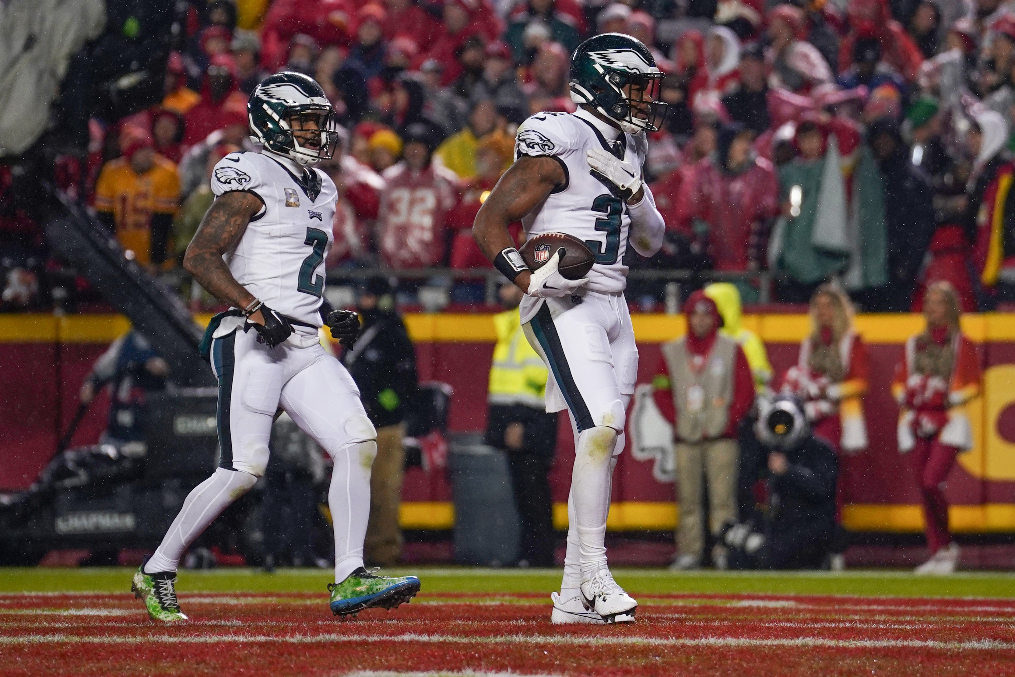 Nov 20, 2023; Kansas City, Missouri, USA; Philadelphia Eagles safety Kevin Byard (31) celebrates after intercepting a pass against the Kansas City Chiefs during the game at GEHA Field at Arrowhead Stadium.