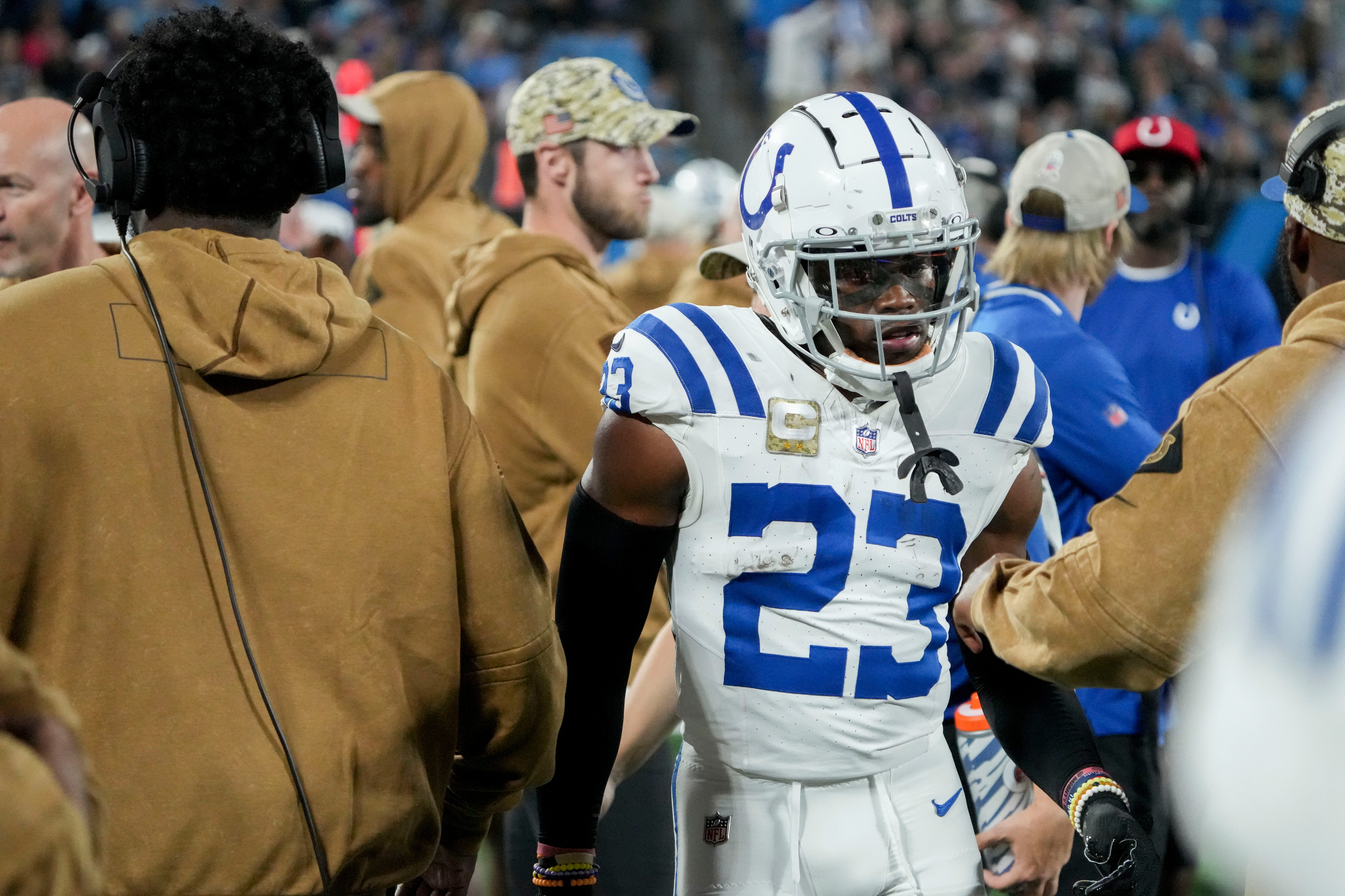 Indianapolis Colts cornerback Kenny Moore II (23) walks the sideline after making his second interception and touchdown Sunday, Nov. 5, 2023, during a game against the Carolina Panthers at Bank of America Stadium in Charlotte.