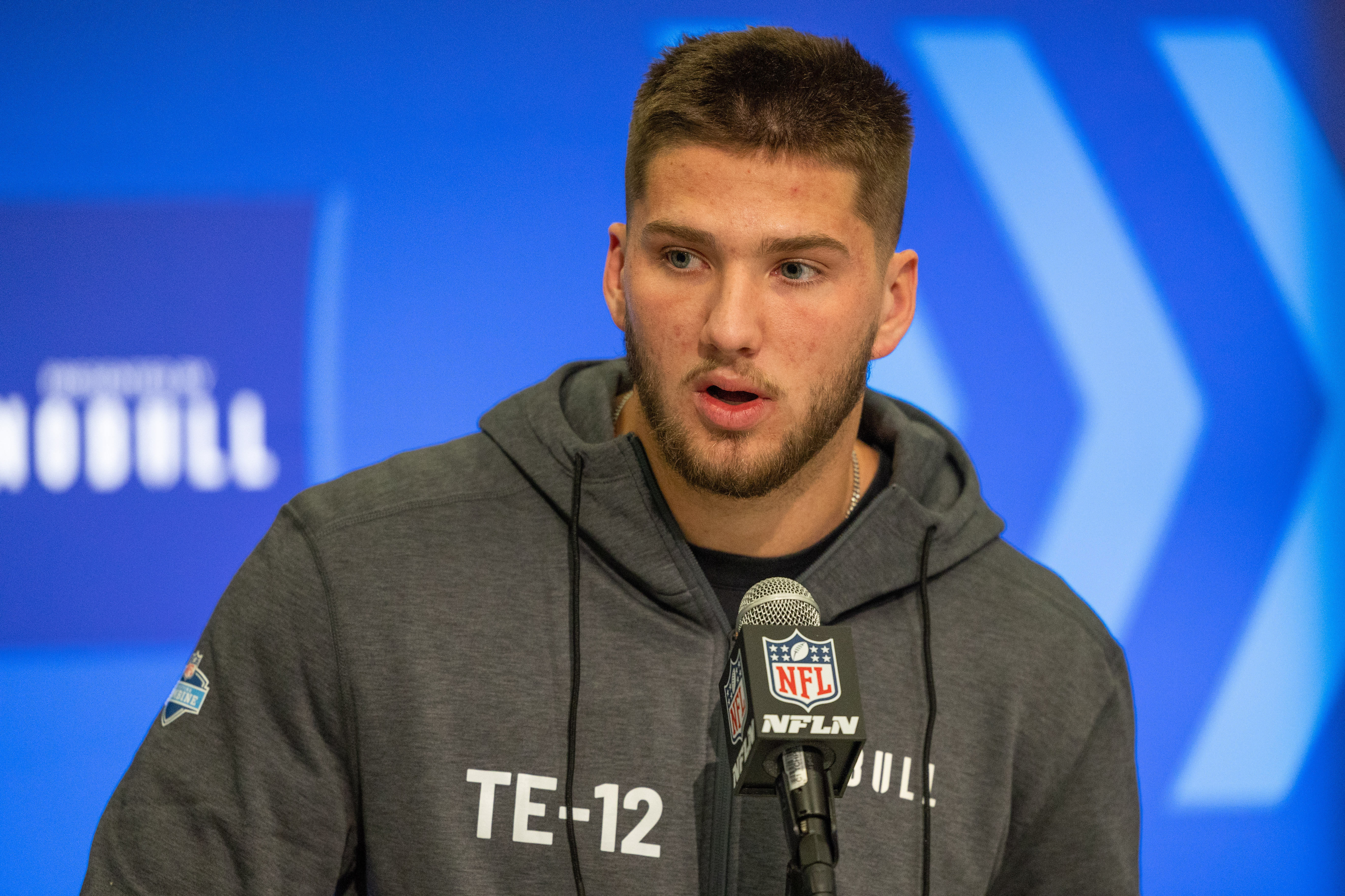 Feb 29, 2024; Indianapolis, IN, USA; Kansas State tight end Ben Sinnott (TE12) talks to the media during the 2024 NFL Combine at Lucas Oil Stadium.