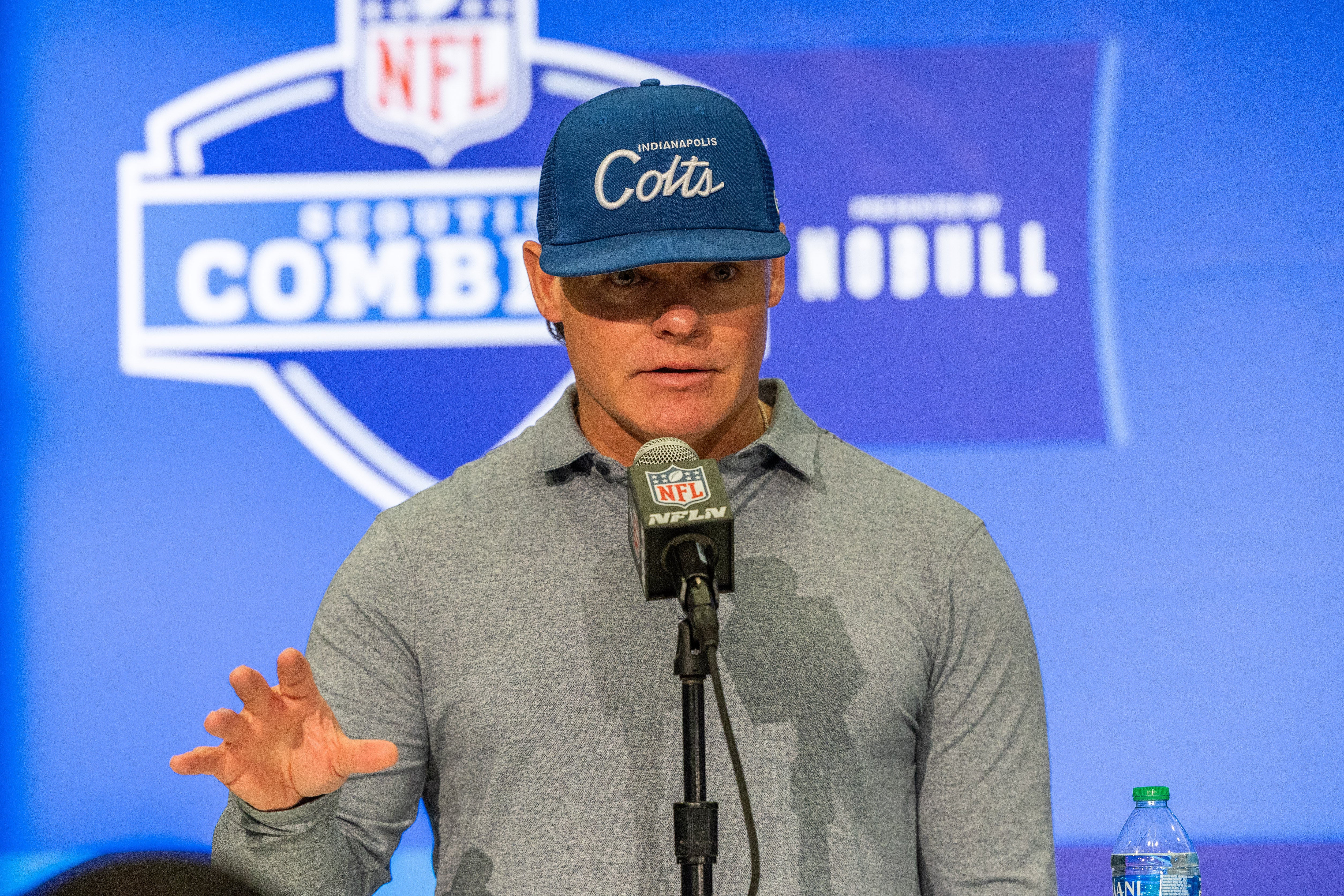Feb 28, 2024; Indianapolis, IN, USA; Indianapolis Colts general manager Chris Ballard talks to the media at the 2024 NFL Combine at Indiana Convention Center.