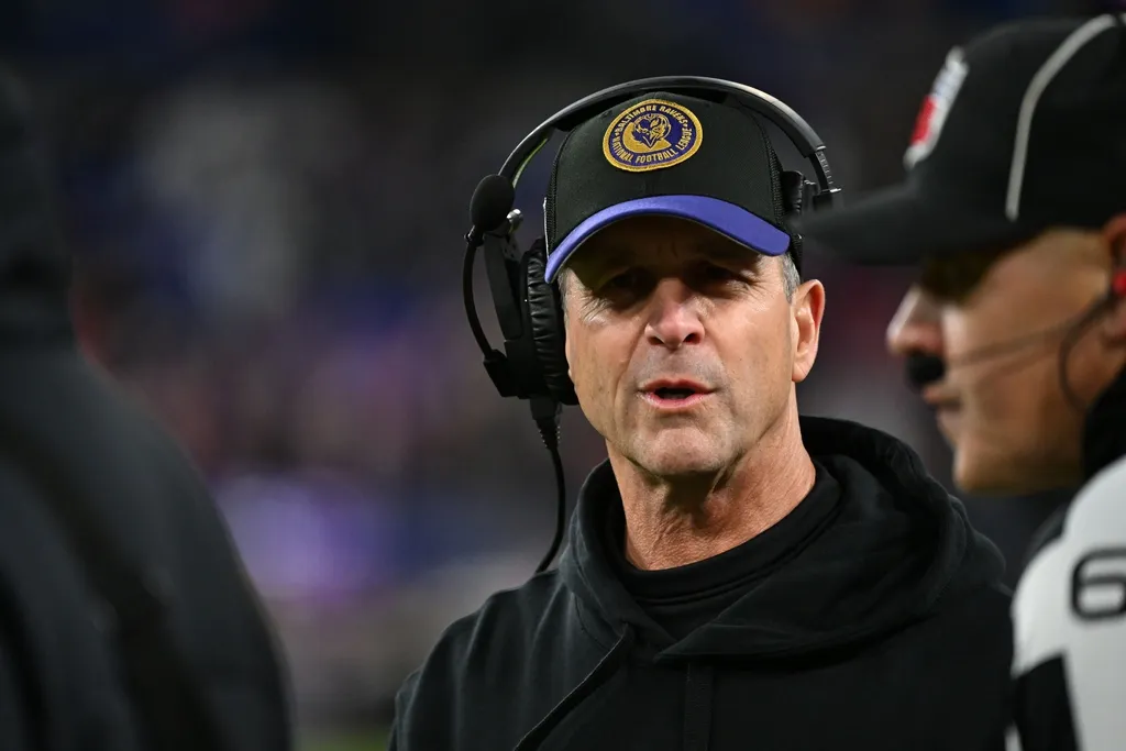 Baltimore Ravens head coach John Harbaugh questions a call against the Kansas City Chiefs during the second half in the AFC Championship football game at M&T Bank Stadium.