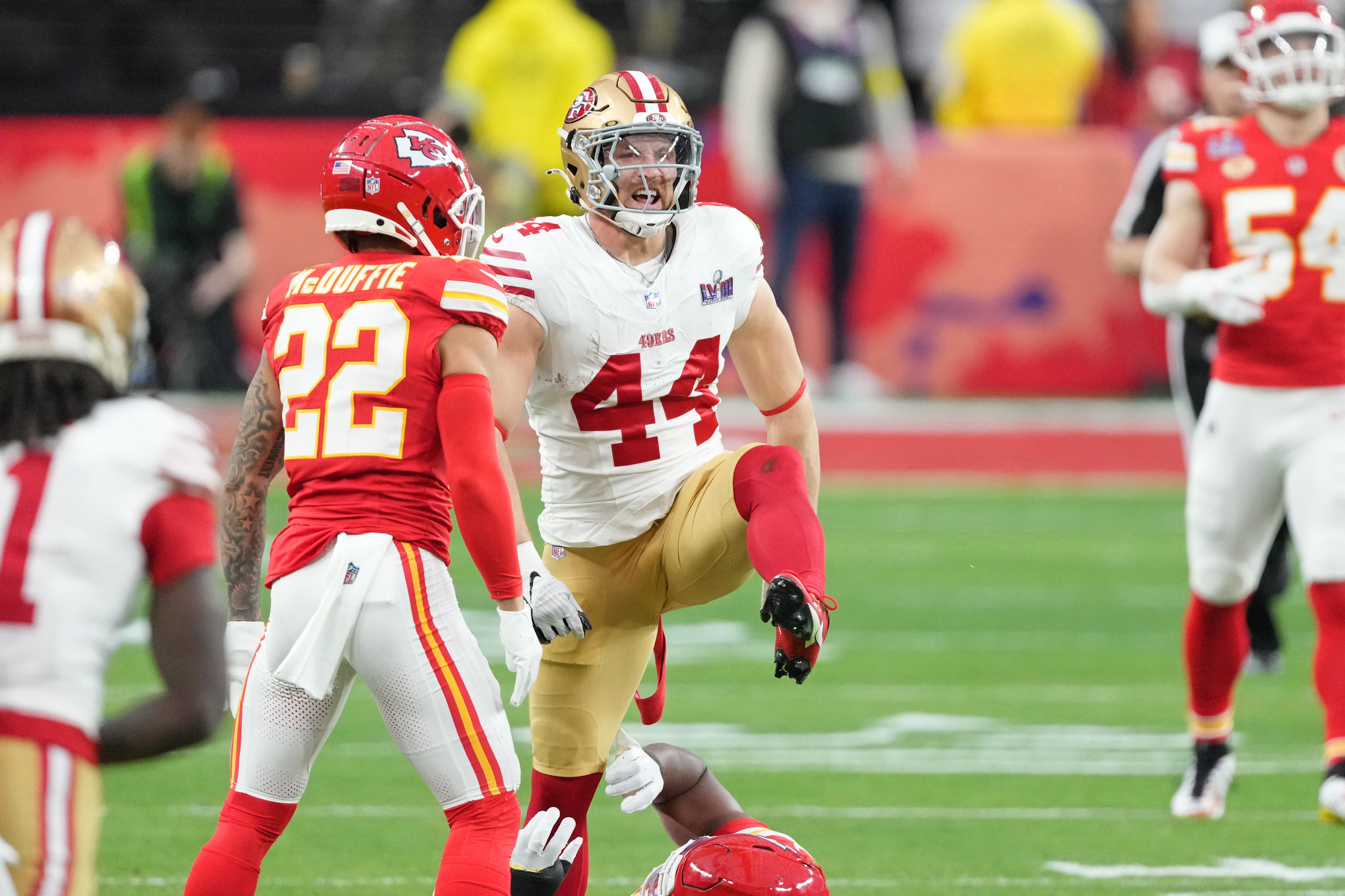Feb 11, 2024; Paradise, Nevada, USA; San Francisco 49ers fullback Kyle Juszczyk (44) reacts after a play against the Kansas City Chiefs during the first quarter Super Bowl LVIII at Allegiant Stadium.