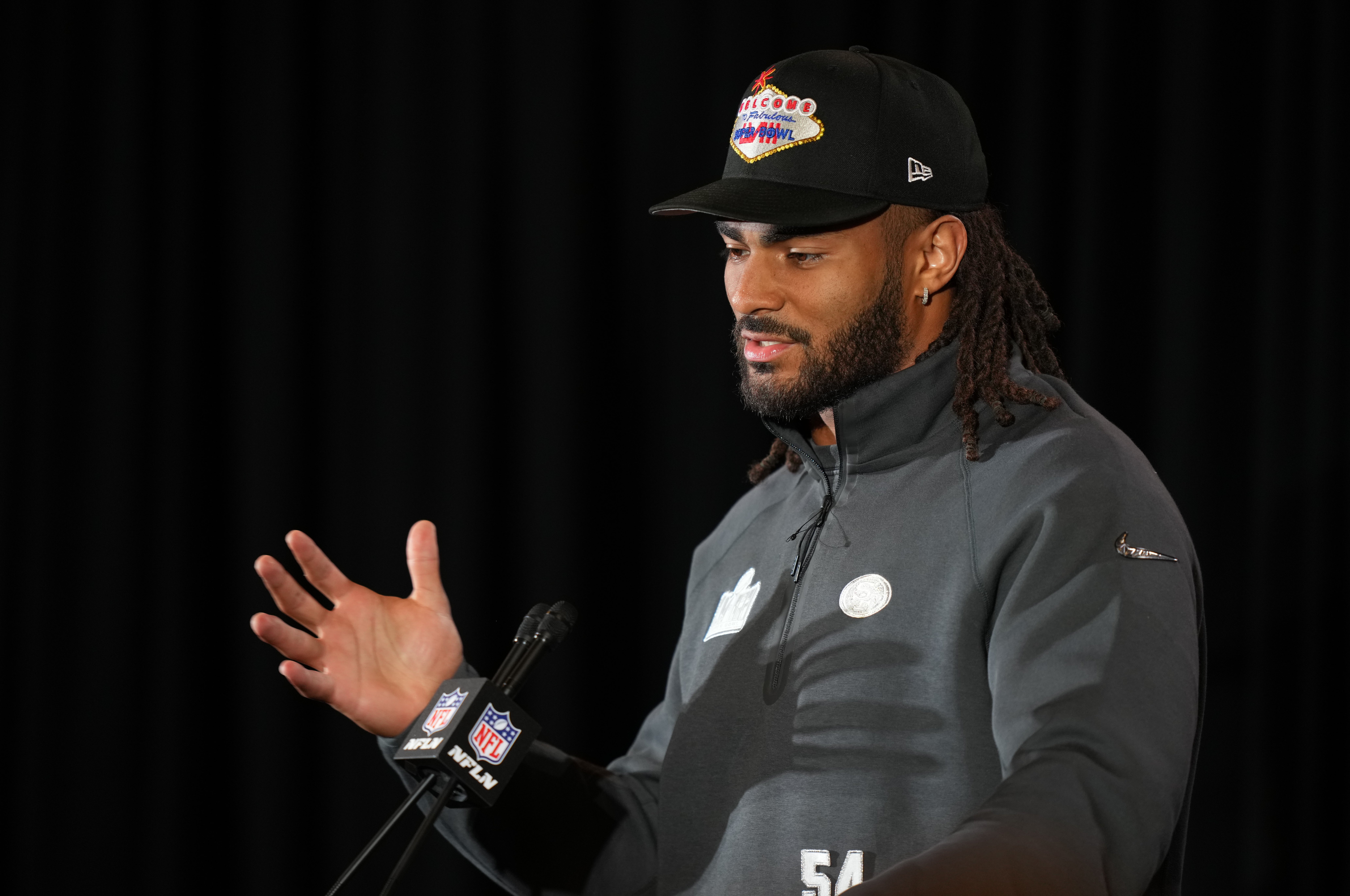 Feb 8, 2024; Las Vegas, NV, USA; San Francisco 49ers linebacker Fred Warner (54) during a press conference before Super Bowl LVIII at Hilton Lake Las Vegas Resort and Spa.