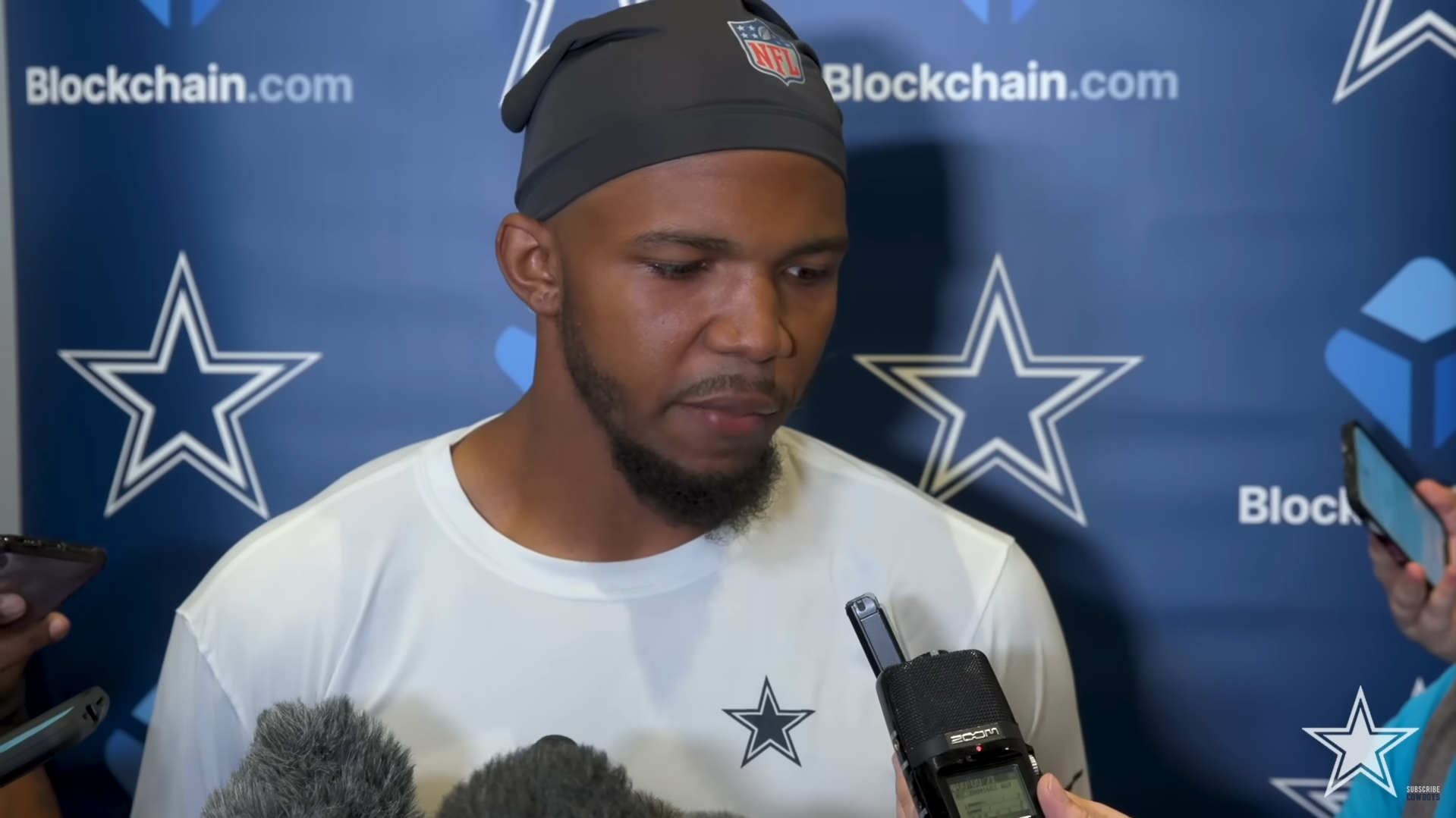 Dallas Cowboys RB Tony Pollard talks to the media.