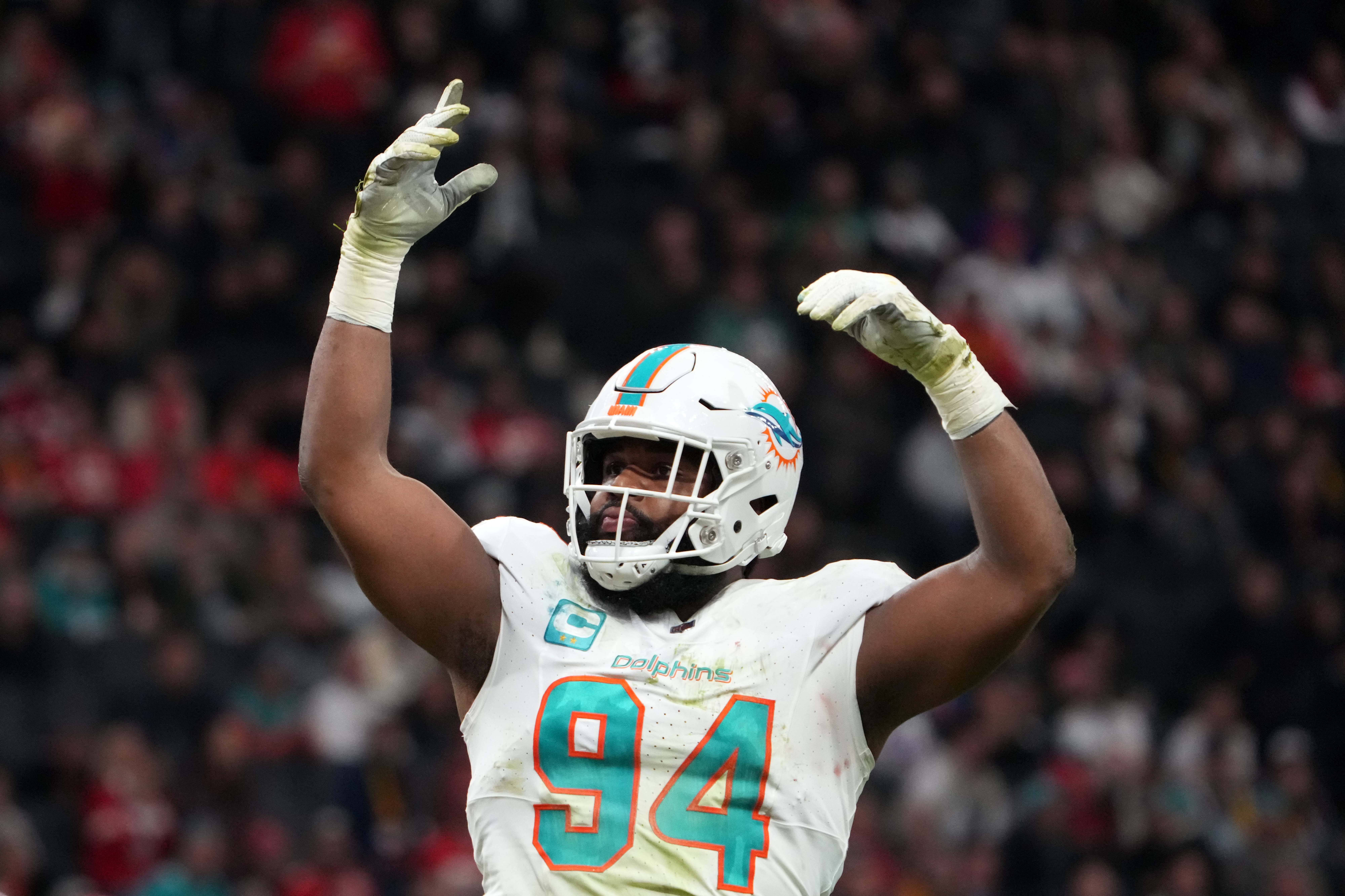 Nov 5, 2023; Frankfurt, Germany; Miami Dolphins defensive tackle Christian Wilkins (94) reacts against the Kansas City Chiefs in the first half during an NFL International Series game at Deutsche Bank Park.
