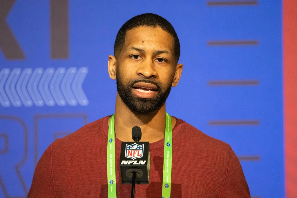 Cleveland Browns general manager Andrew Berry talks to the media during the 2022 NFL Combine.