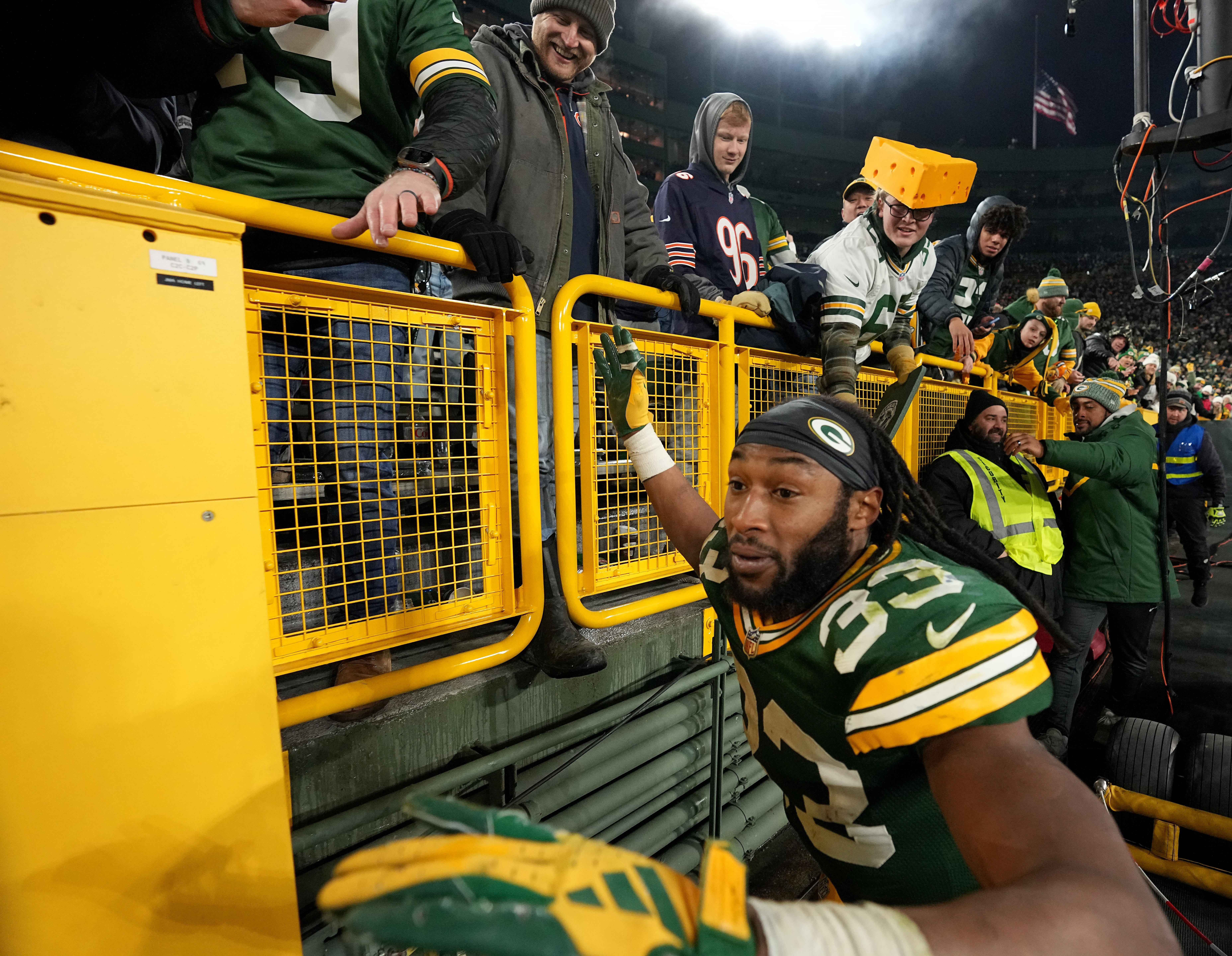 Green Bay Packers running back Aaron Jones (33) celebrates his team s playoff berth after their game Sunday, January 7, 2024 at Lambeau Field in Green Bay, Wisconsin. The Green Bay Packers beat the Chicago Bears 17-9.
