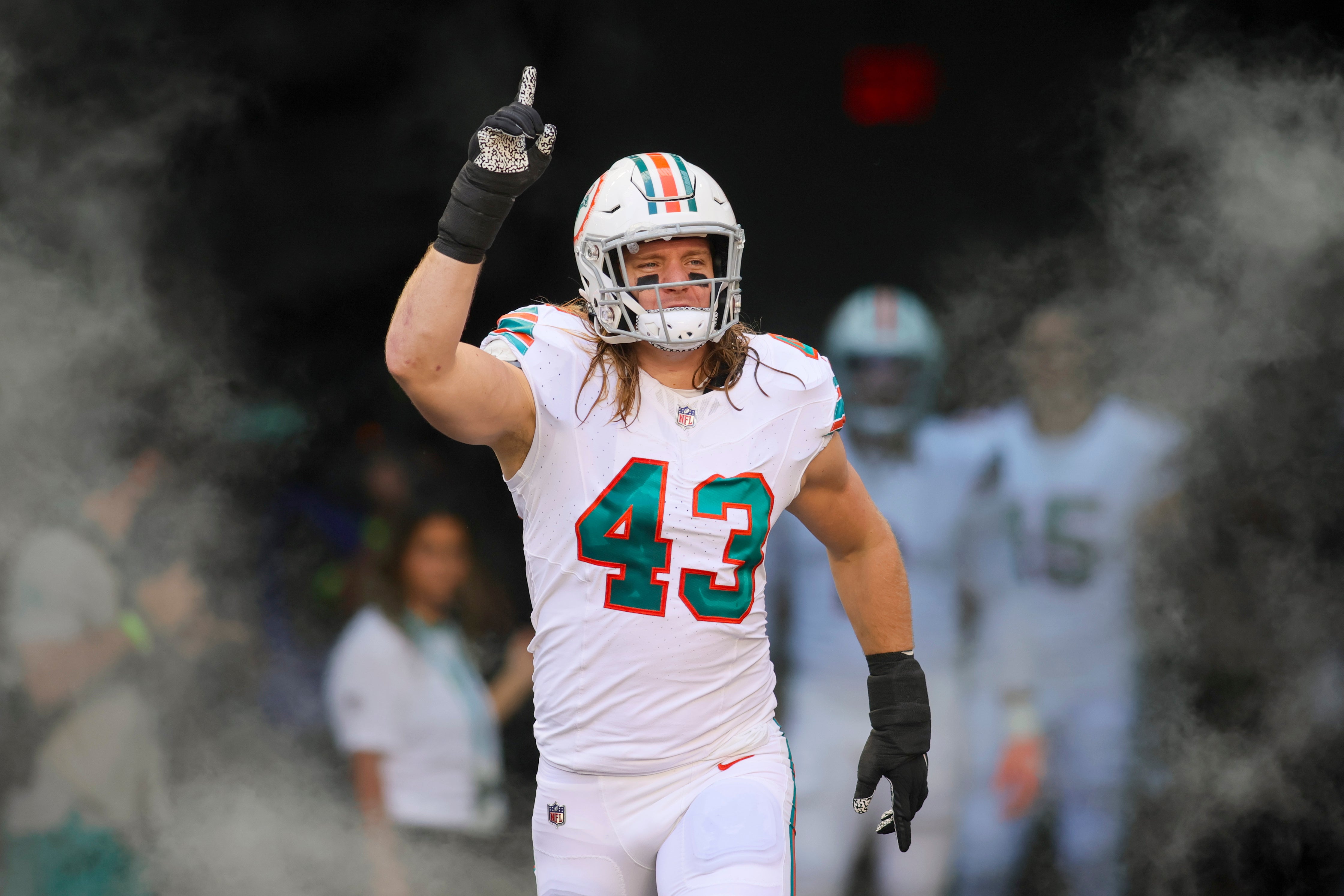 Oct 29, 2023; Miami Gardens, Florida, USA; Miami Dolphins linebacker Andrew Van Ginkel (43) takes on the field prior to the game against the New England Patriots at Hard Rock Stadium.