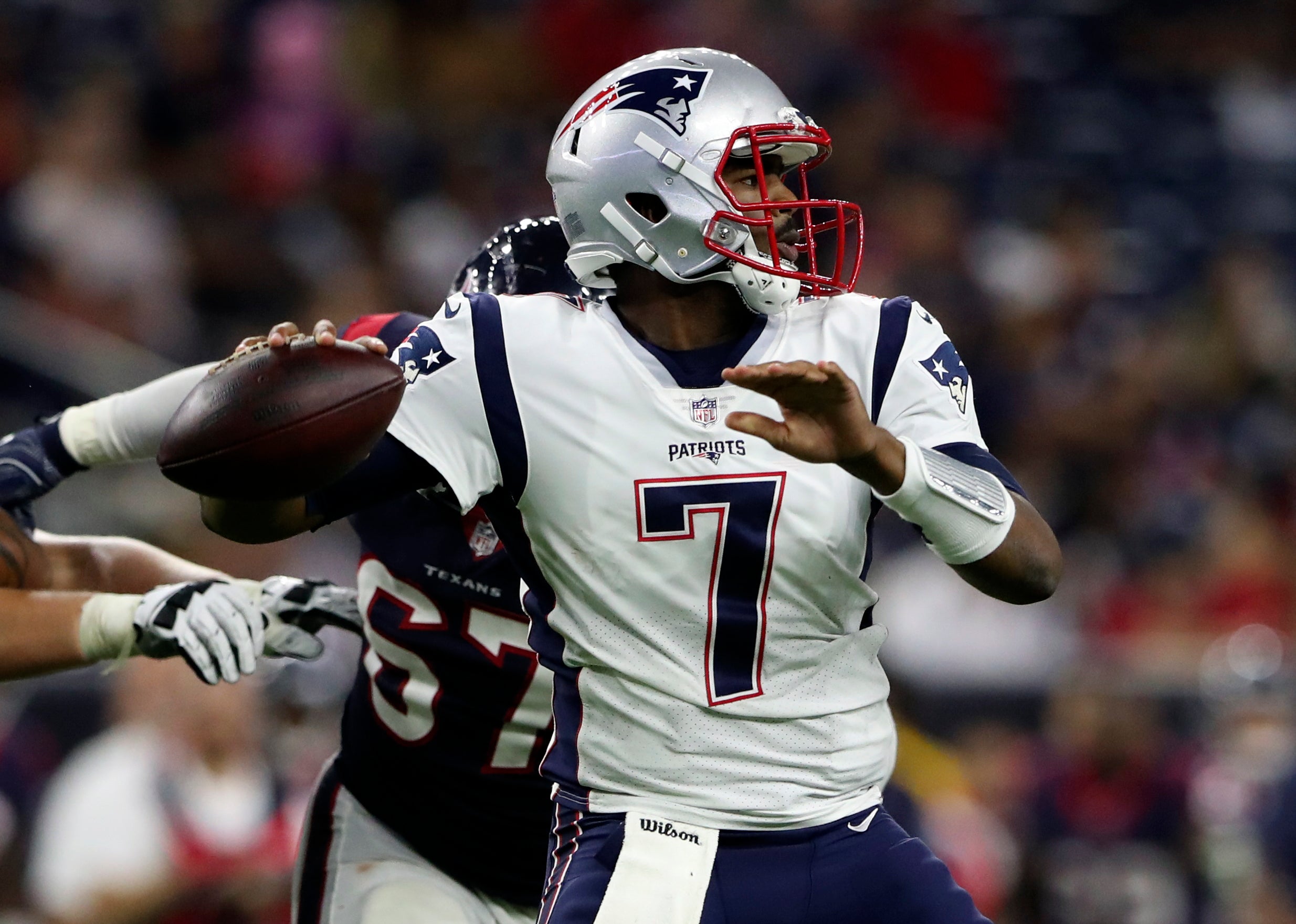 Aug 19, 2017; Houston, TX, USA; New England Patriots quarterback Jacoby Brissett (7) throws during the second half against the Houston Texans at NRG Stadium. 