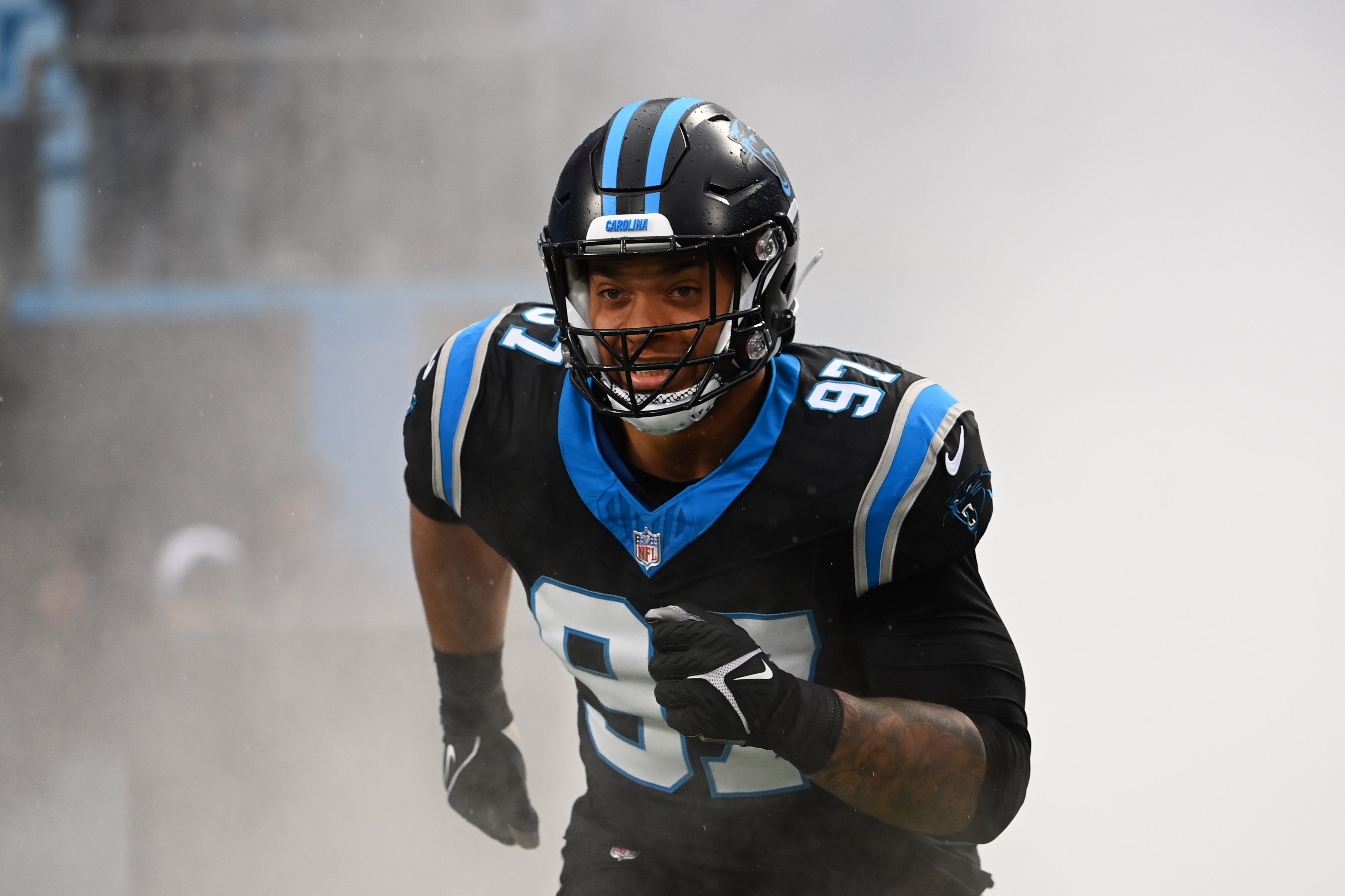 Dec 17, 2023; Charlotte, North Carolina, USA; Carolina Panthers linebacker Yetur Gross-Matos (97) is introduced before the game at Bank of America Stadium.