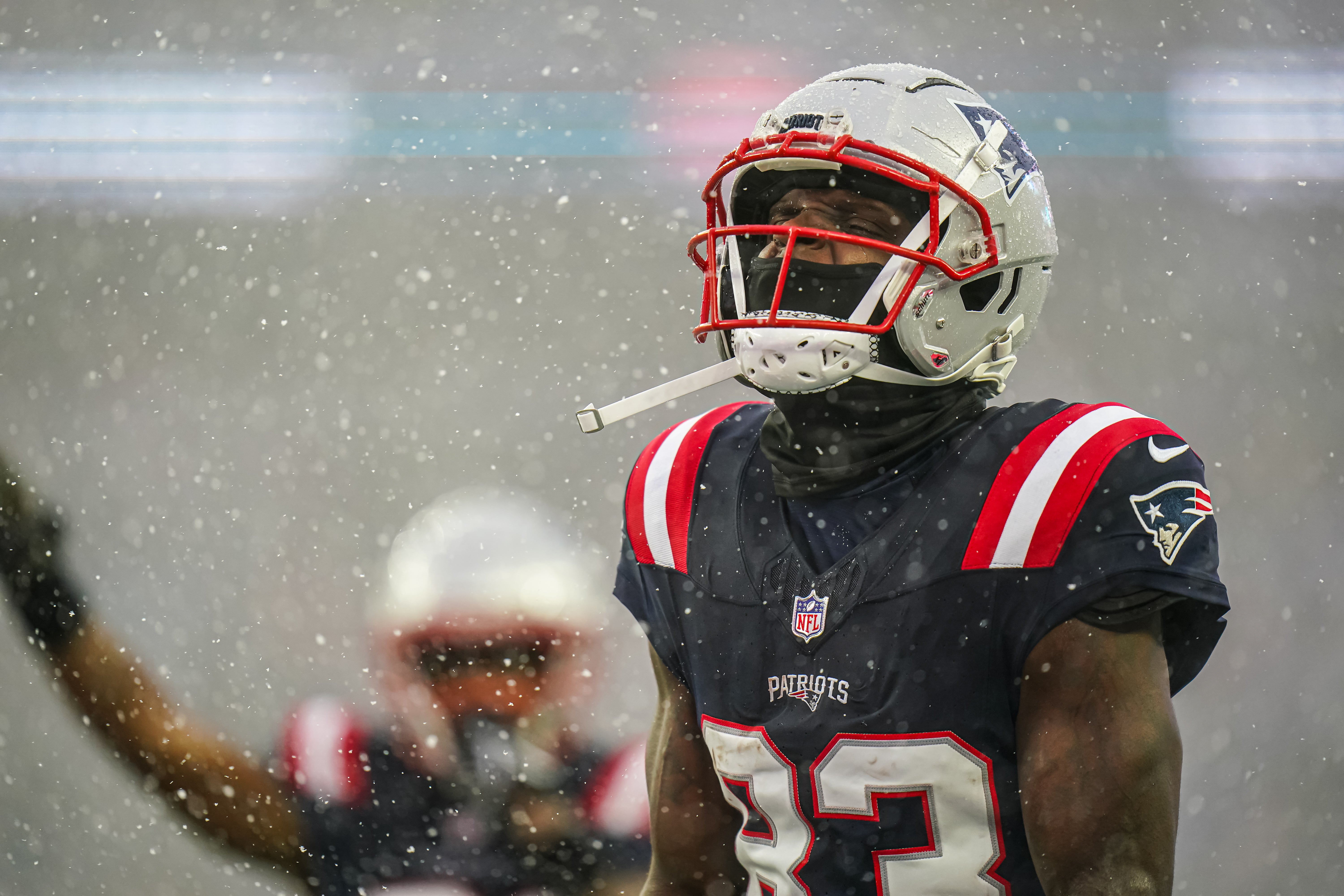 Jan 7, 2024; Foxborough, Massachusetts, USA; New England Patriots wide receiver Jalen Reagor (83) reacts after his catch against the New York Jets in the first half at Gillette Stadium.