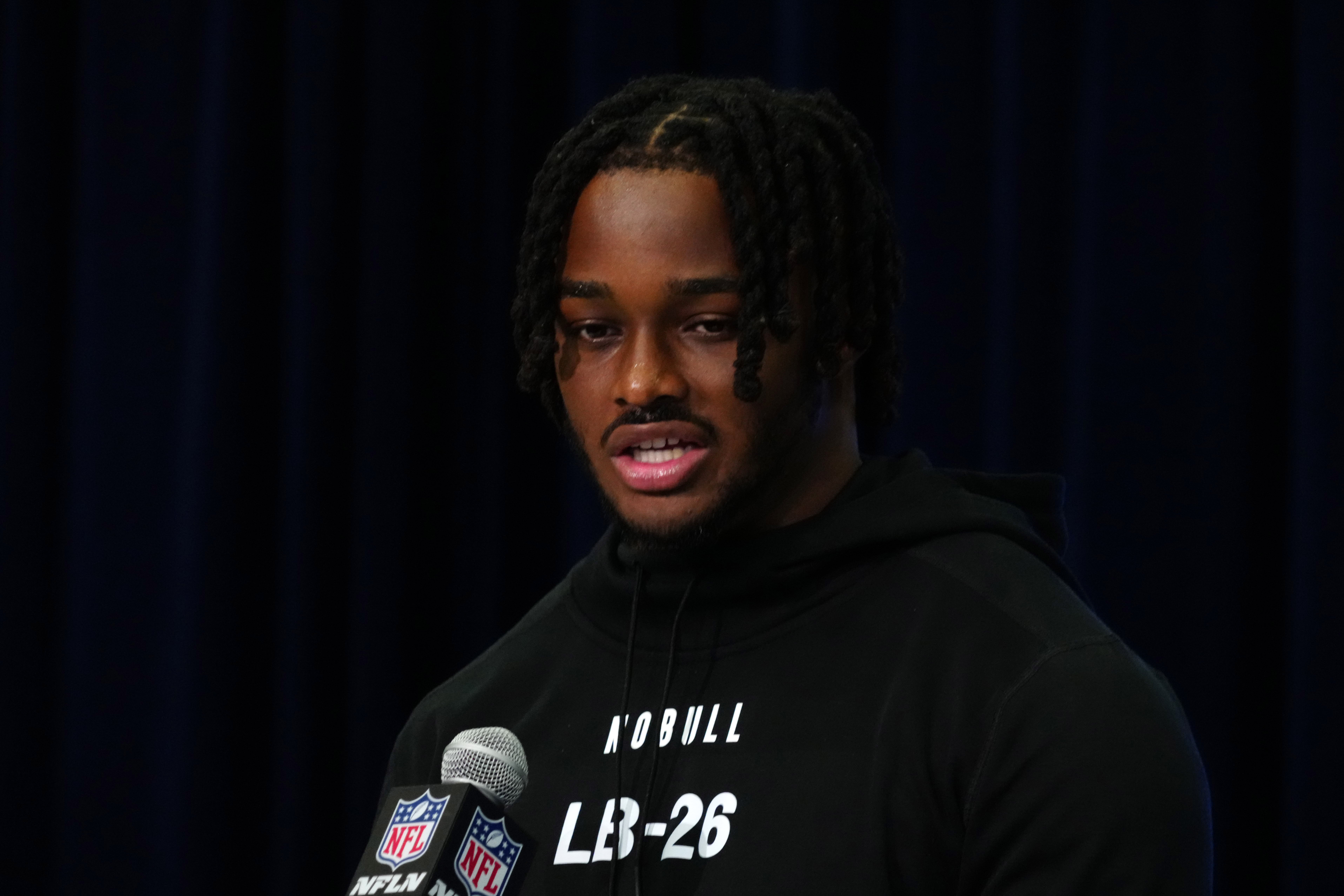 Feb 28, 2024; Indianapolis, IN, USA; Alabama linebacker Dallas Turner (LB26) speaks at a press conference at the NFL Scouting Combine at Indiana Convention Center.