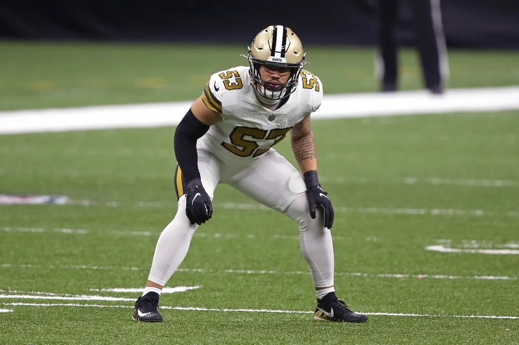 New Orleans Saints linebacker Zack Baun (53) on the kickoff return team in the second half against the Minnesota Vikings at the Mercedes-Benz Superdome.