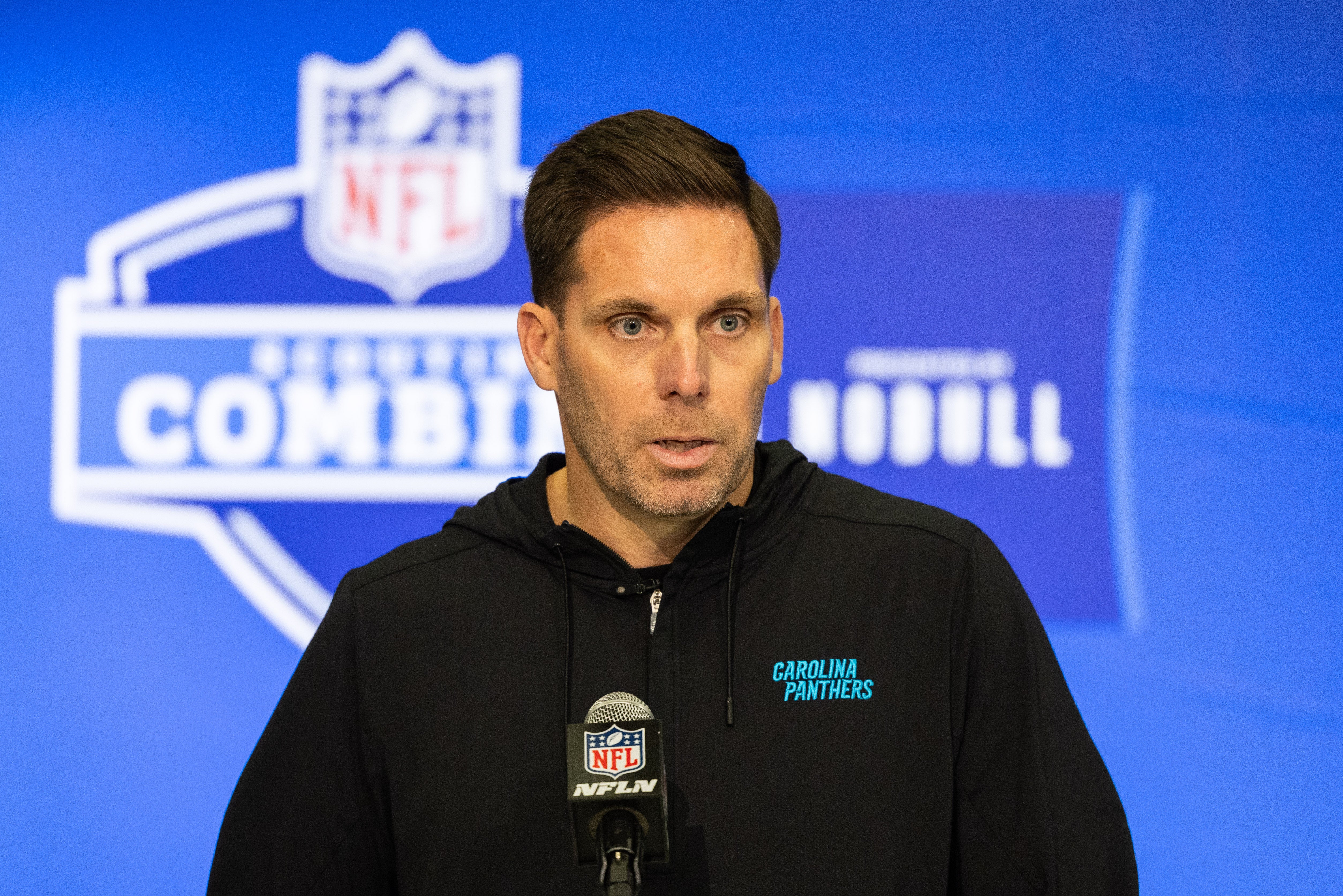 Feb 27, 2024; Indianapolis, IN, USA; Carolina Panthers President of Football Operations/General Manager Dan Morgan talks to the media at the 2024 NFL Combine at Indiana Convention Center. Mandatory Credit: Trevor Ruszkowski-USA TODAY Sports