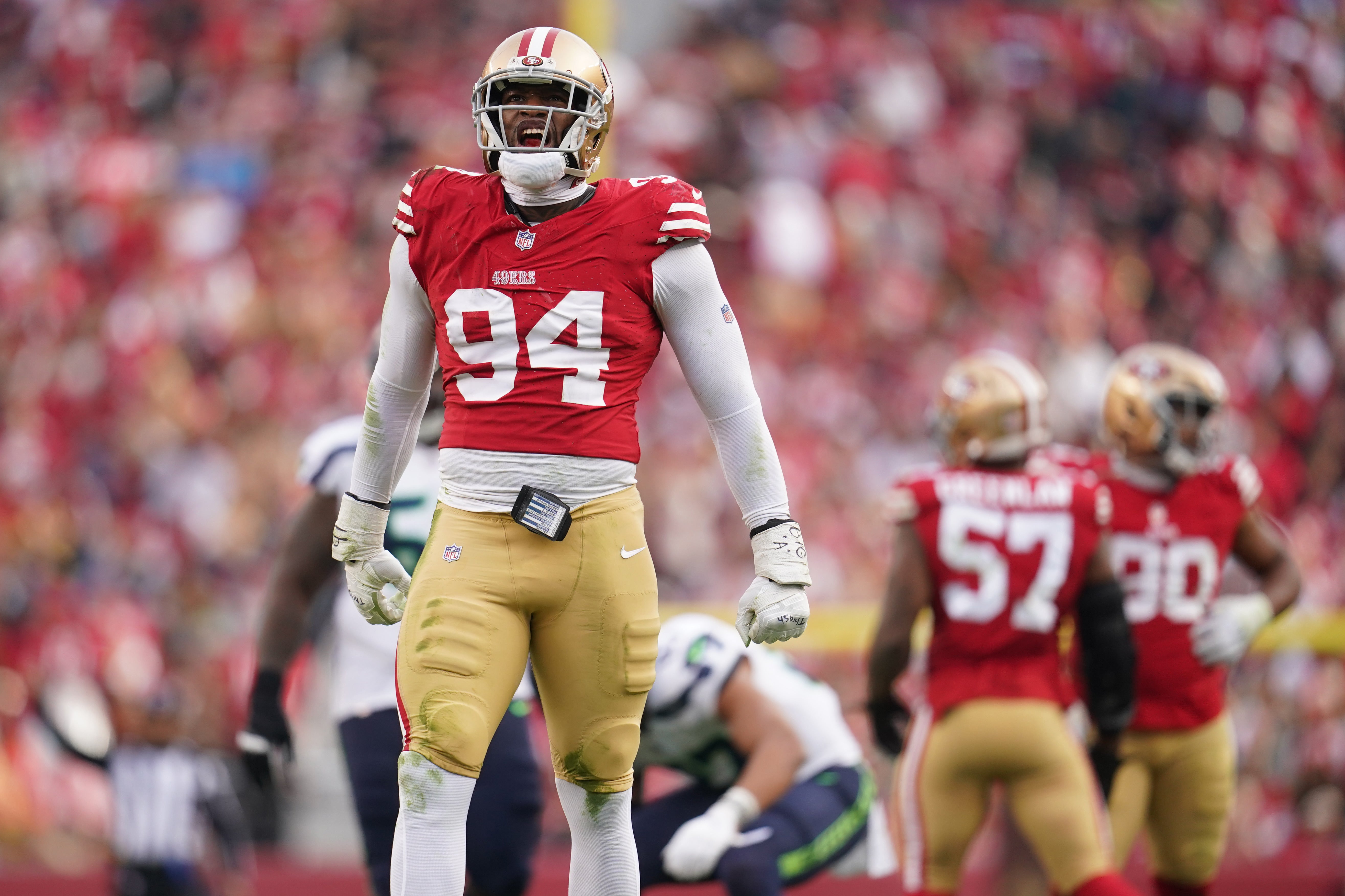 Dec 10, 2023; Santa Clara, California, USA; San Francisco 49ers defensive end Clelin Ferrell (94) reacts after making a tackle against the Seattle Seahawks in the third quarter at Levi's Stadium.