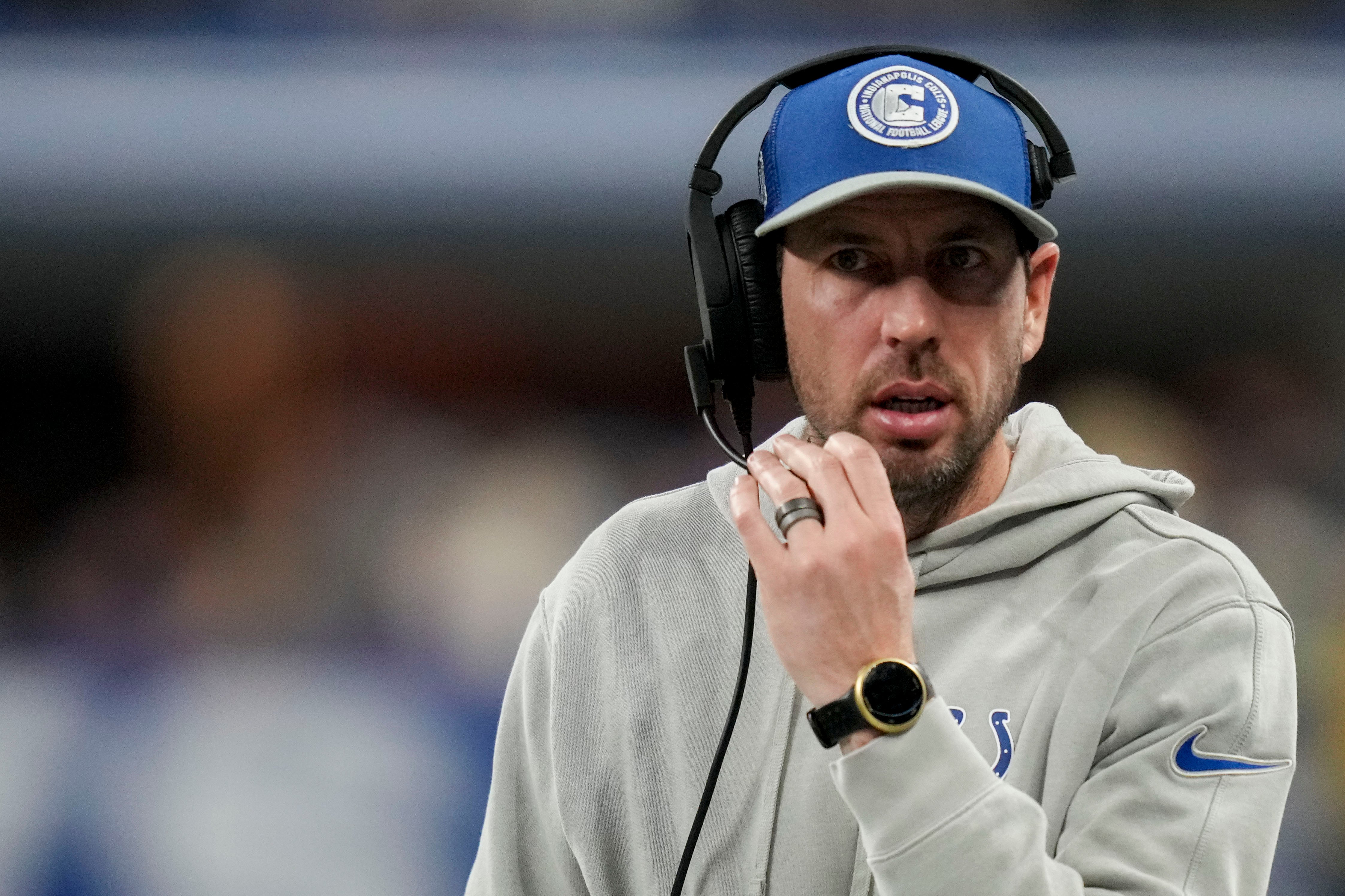 Jan 6, 2024; Indianapolis, Indiana, USA; Indianapolis Colts head coach Shane Steichen walks the sideline during a game against the Houston Texans at Lucas Oil Stadium.