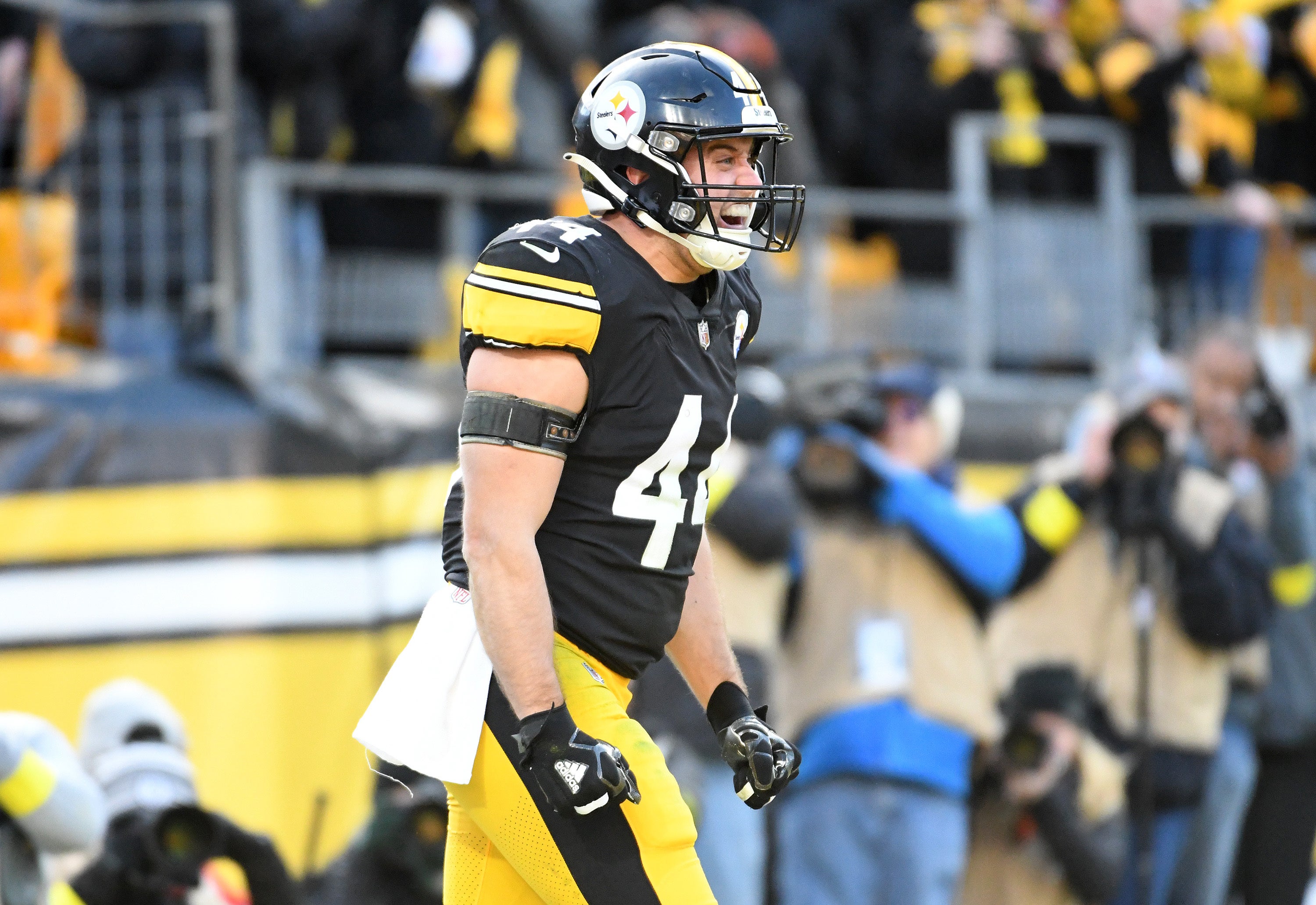 Jan 8, 2023; Pittsburgh, Pennsylvania, USA; Pittsburgh Steelers fullback Derek Watt (44) celebrates a touchdown against the Cleveland Browns during the fourth quarter at Acrisure Stadium. Mandatory Credit: Philip G. Pavely-USA TODAY Sports  