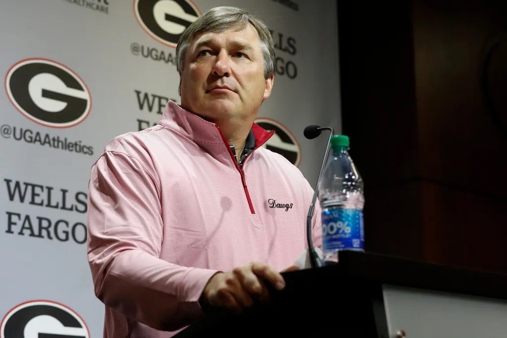 Georgia head coach Kirby Smart speaks to the media on the first day of spring practice in Athens, Ga., on Tuesday, March 12, 2024.