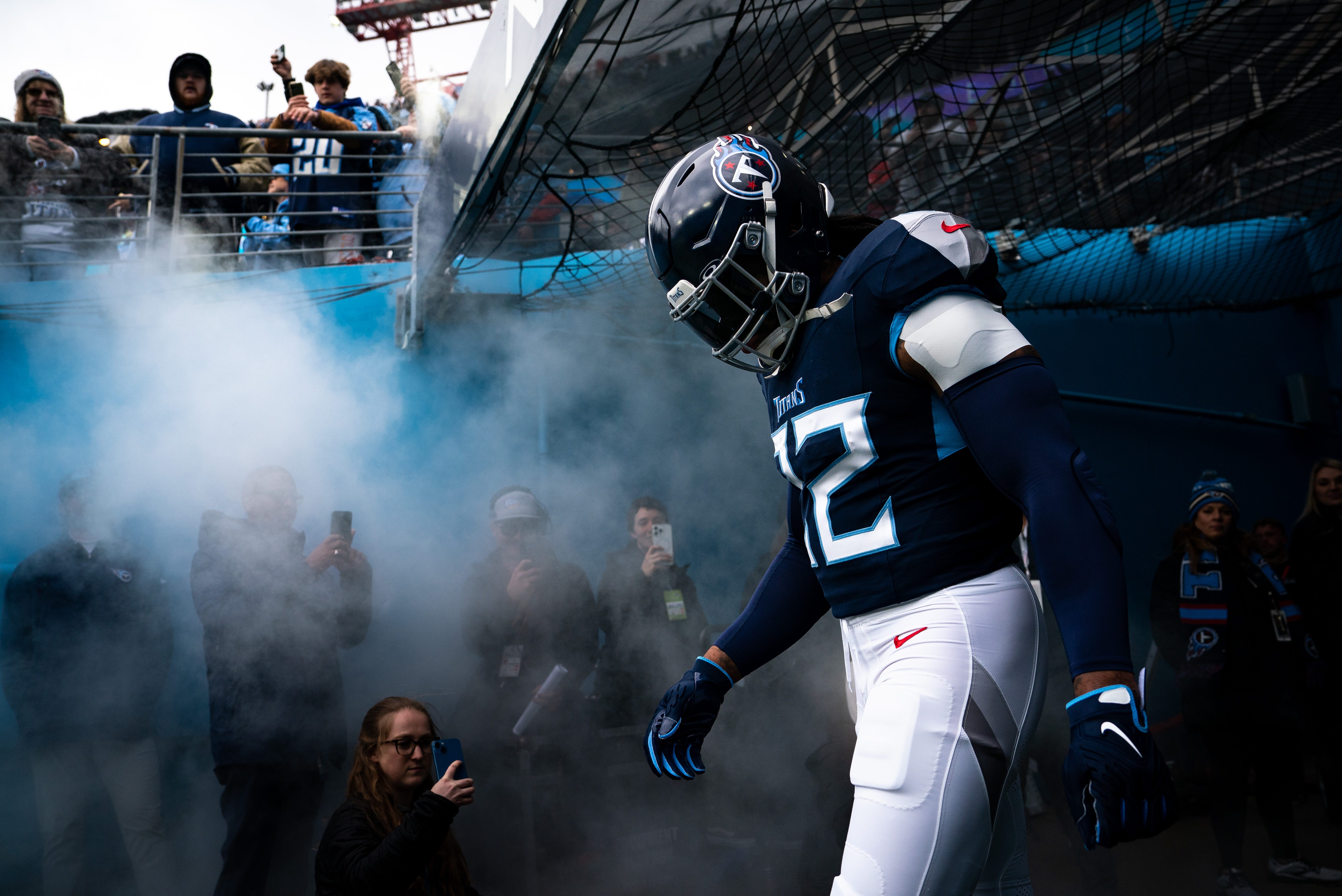 Tennessee Titans running back Derrick Henry (22) takes the field for possibly his last game with the Titans before their game against the Jacksonville Jaguars at Nissan Stadium in Nashville, Tenn., Sunday, Jan. 7, 2024. Henry's contract expired after the 28-20 win over the Jaguars.