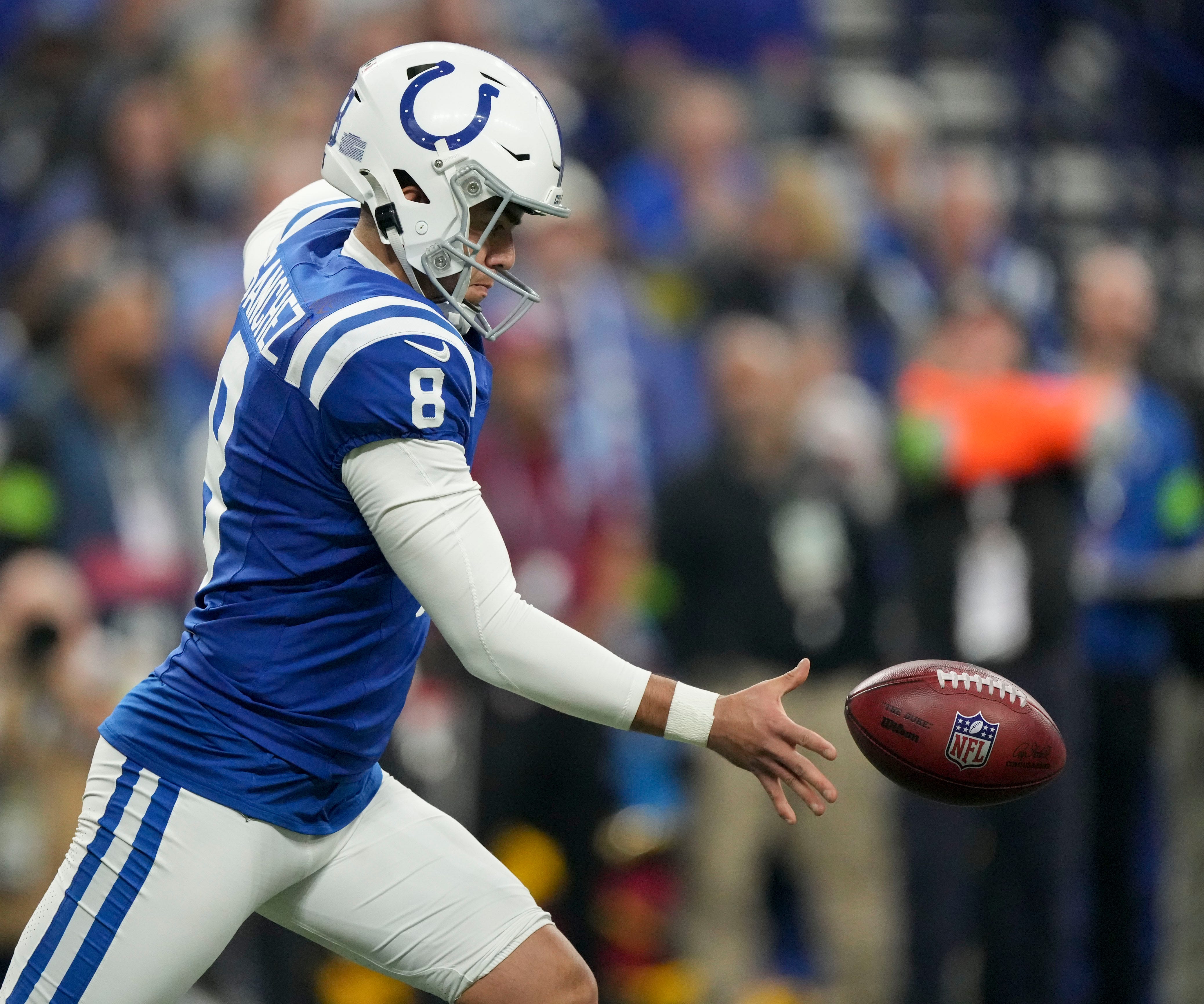Indianapolis Colts punter Rigoberto Sanchez (8) punts the ball Saturday, Jan. 6, 2024, during a game against the Houston Texans at Lucas Oil Stadium in Indianapolis.