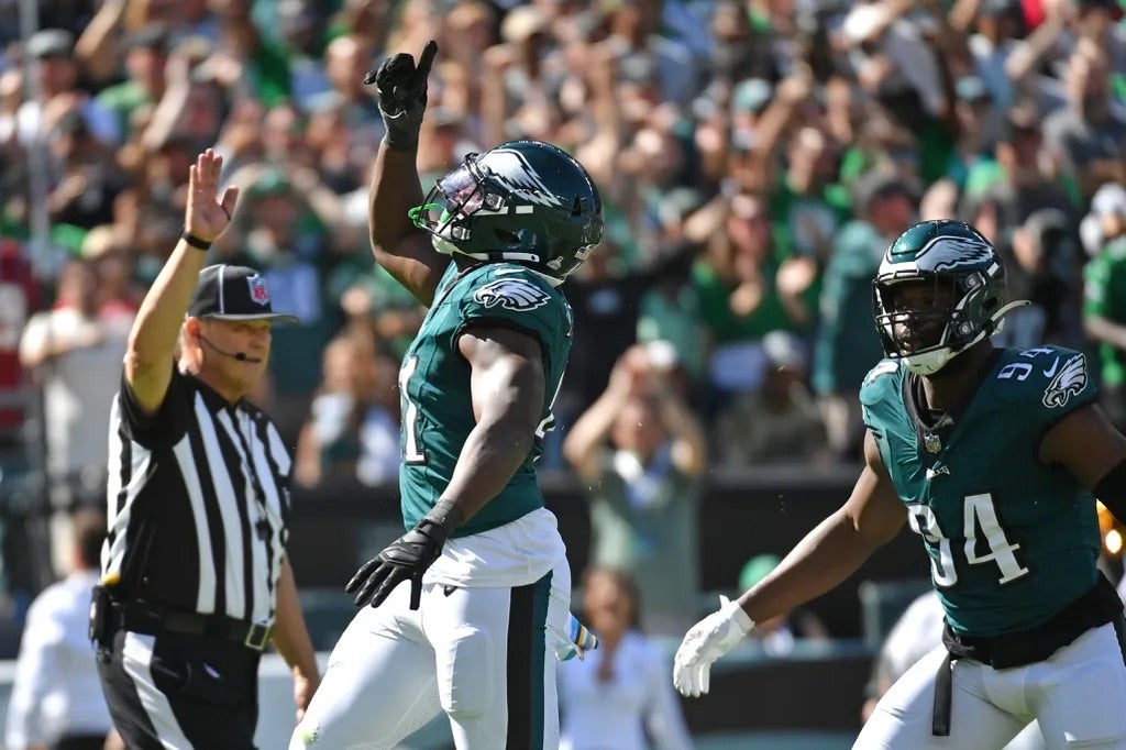 Philadelphia Eagles linebacker Nicholas Morrow (41) celebrates his sack against the Washington Commanders during the second quarter at Lincoln Financial Field.