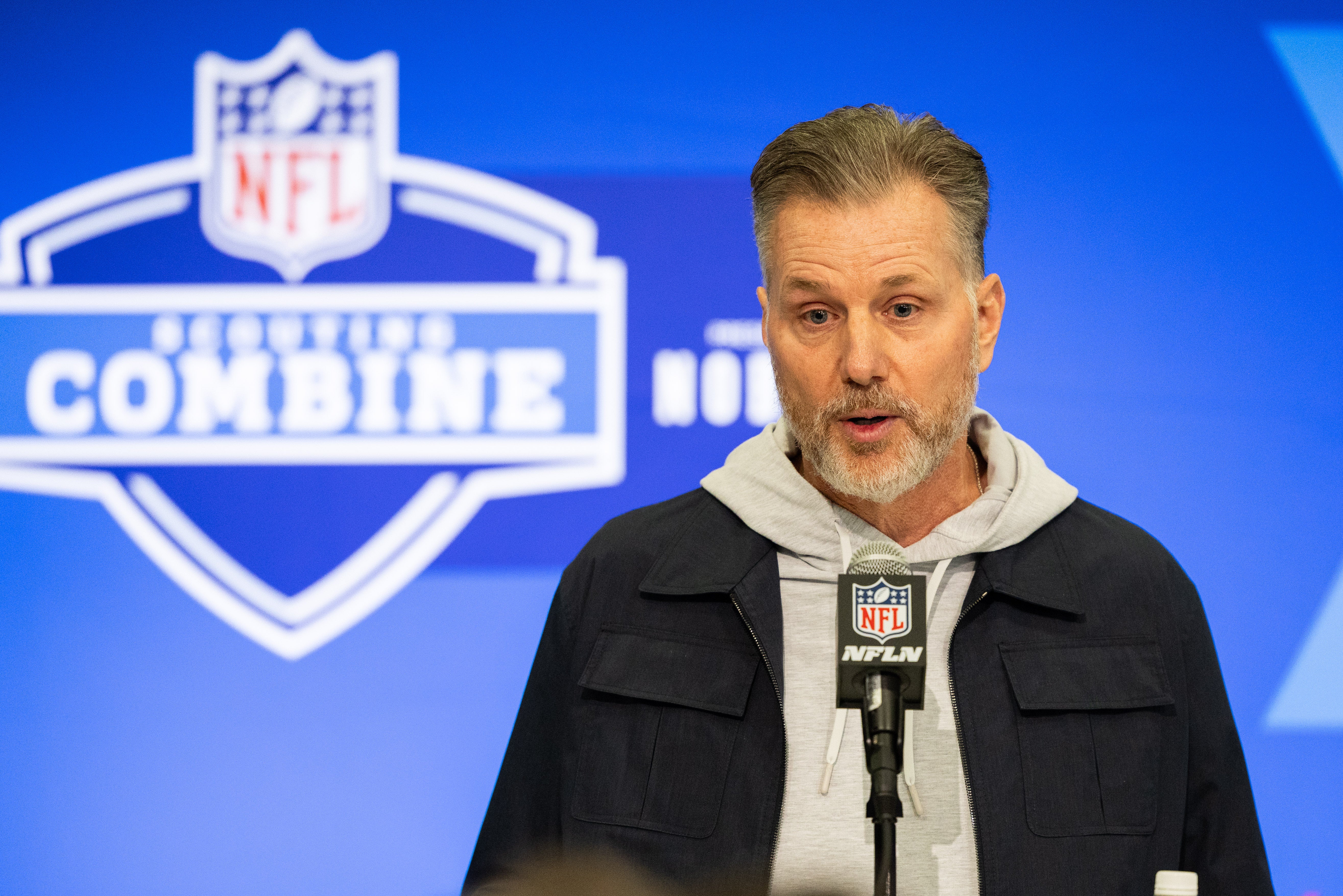Feb 27, 2024; Indianapolis, IN, USA; Chicago Bears head coach Matt Eberflus talks to the media at the 2024 NFL Combine at Indiana Convention Center.
