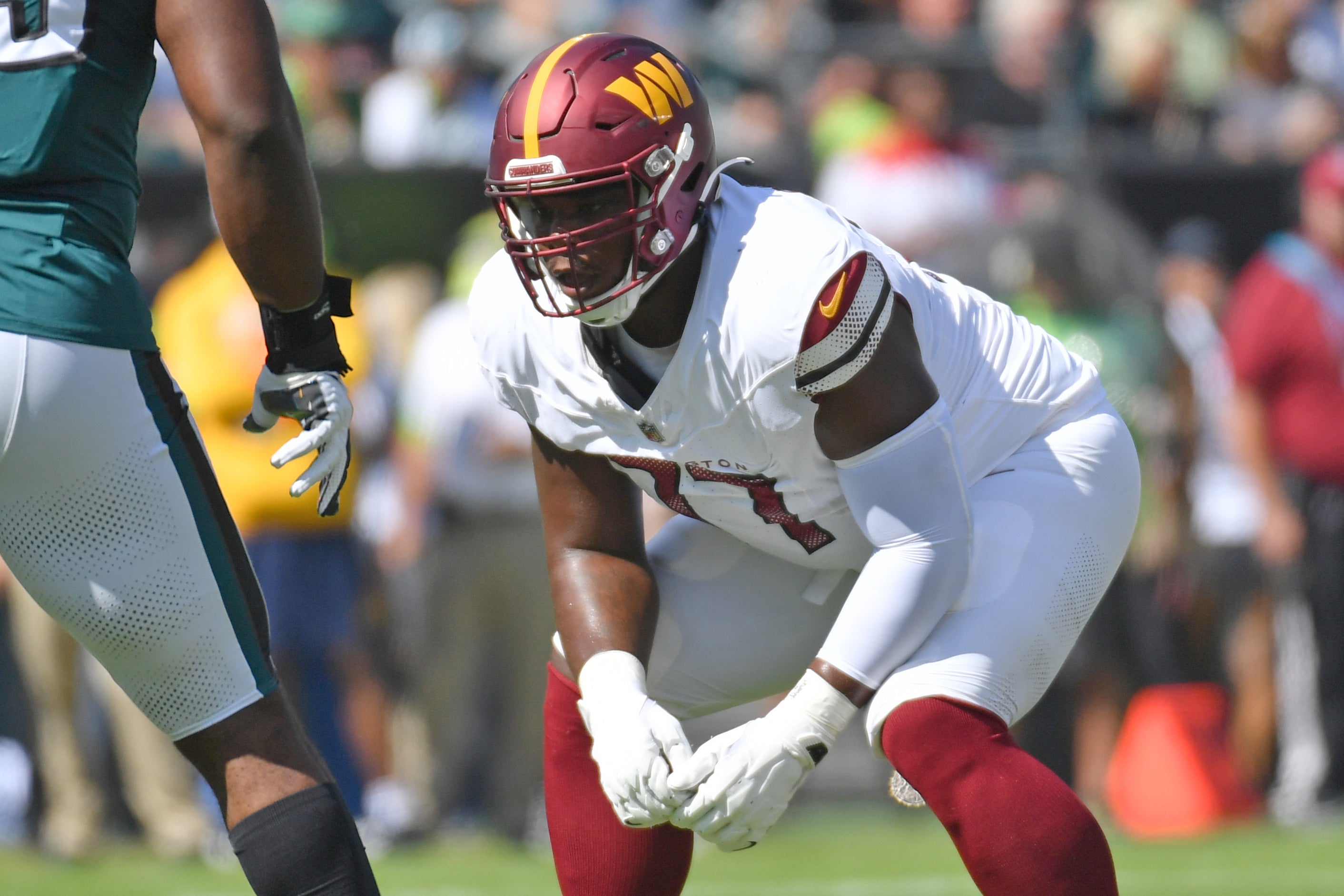 Oct 1, 2023; Philadelphia, Pennsylvania, USA; Washington Commanders offensive tackle Saahdiq Charles (77) against the Philadelphia Eagles at Lincoln Financial Field.