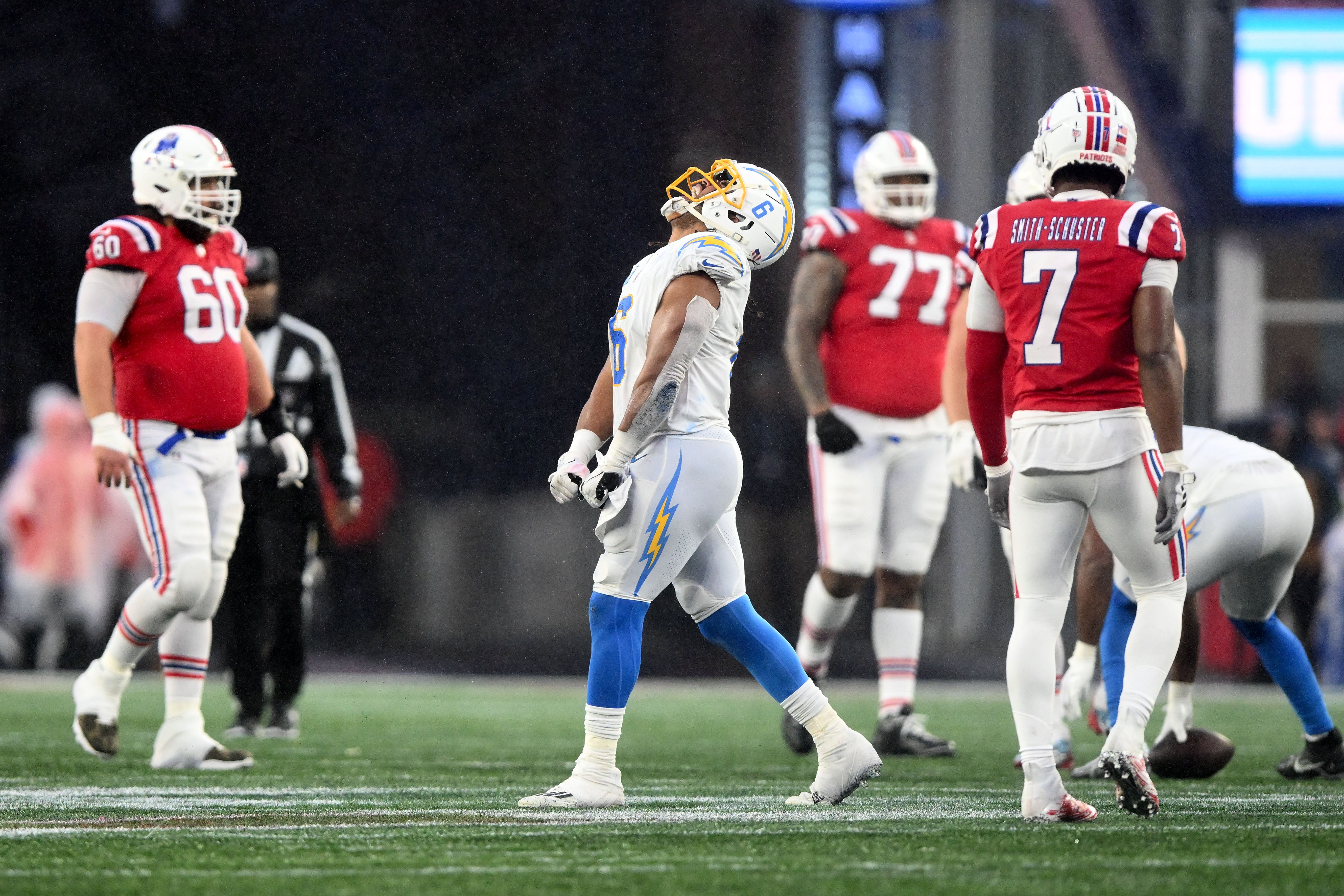 Dec 3, 2023; Foxborough, Massachusetts, USA; Los Angeles Chargers linebacker Eric Kendricks (6) reacts after breaking up a pass during the second half of a game against the New England Patriots at Gillette Stadium.