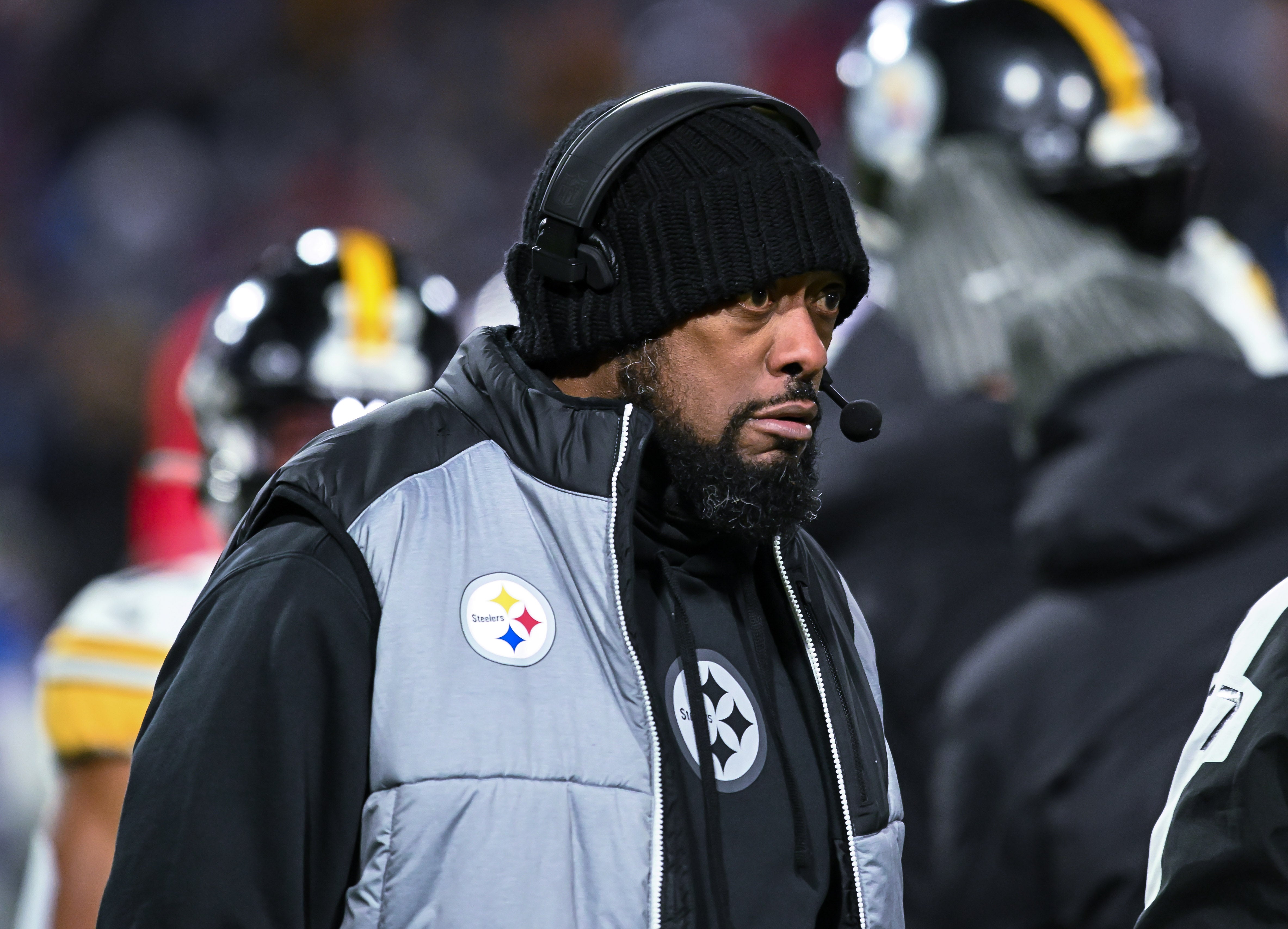 Jan 15, 2024; Orchard Park, New York, USA; Pittsburgh Steelers head coach Mike Tomlin on the sidelines in the third quarter of a 2024 AFC wild card game against the Buffalo Bills at Highmark Stadium. Mandatory Credit: Mark Konezny-USA TODAY Sports