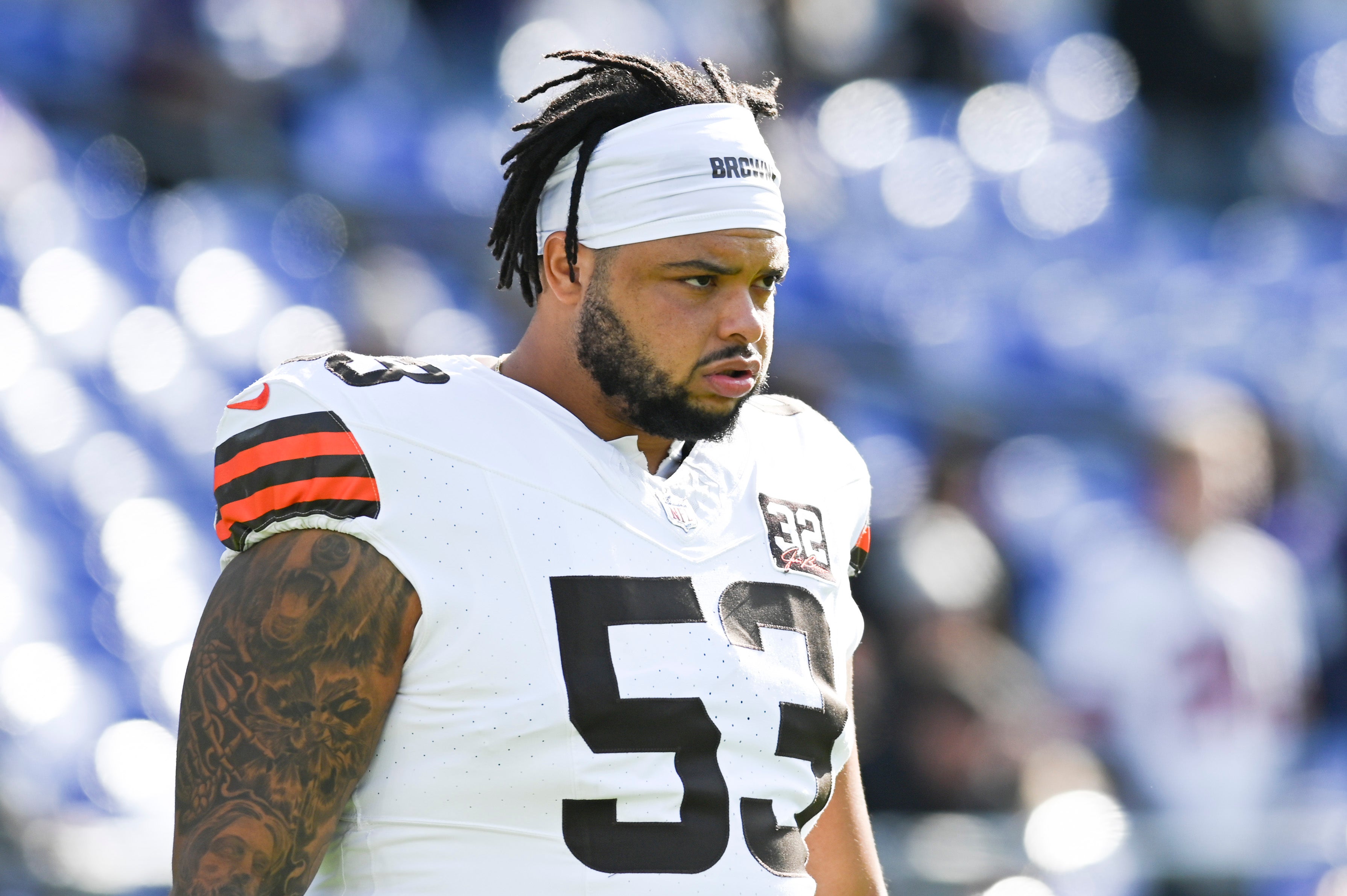 Nov 12, 2023; Baltimore, Maryland, USA; Cleveland Browns center Nick Harris (53) before the game against the Baltimore Ravens at M&T Bank Stadium.