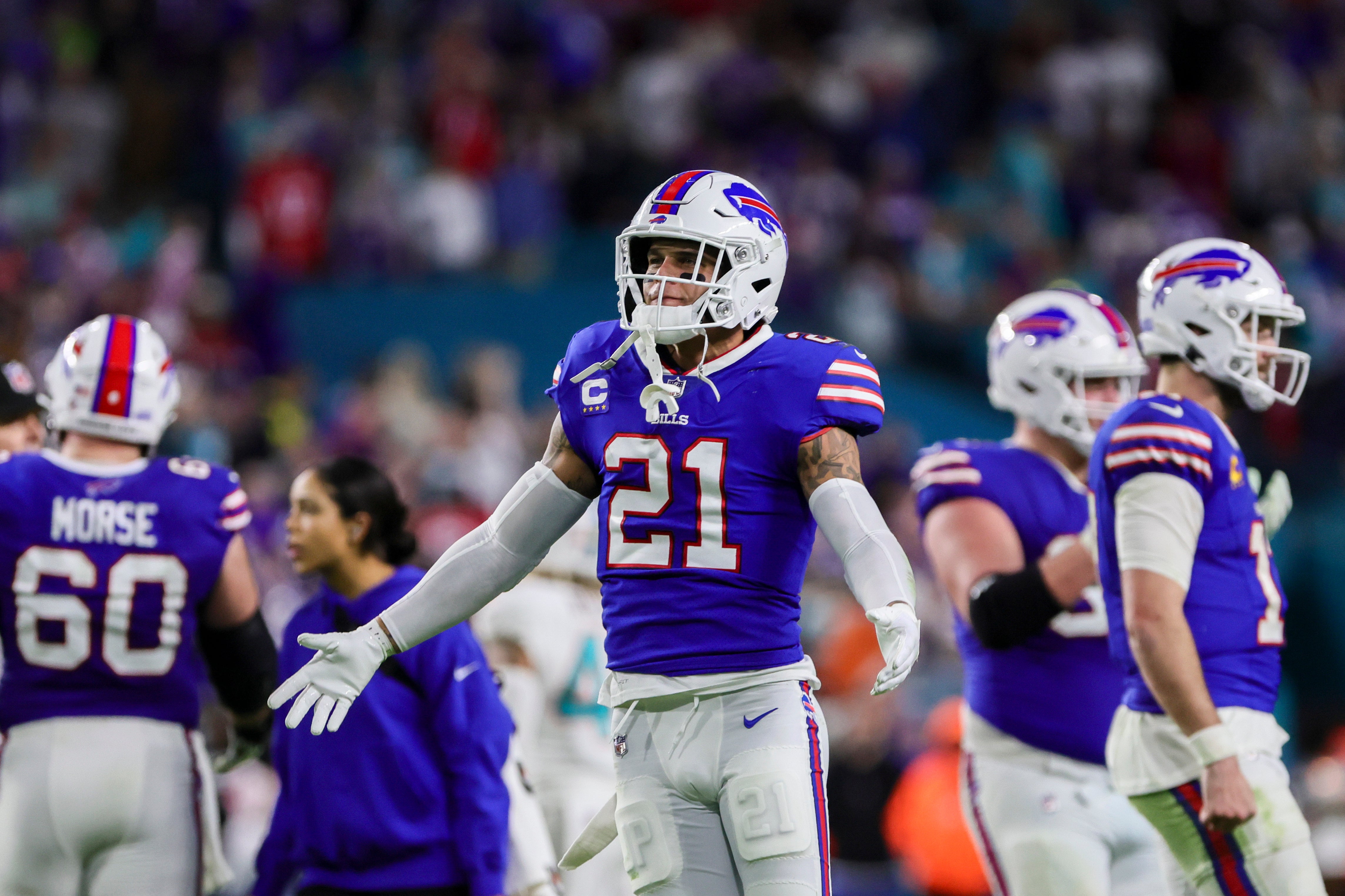 Jan 7, 2024; Miami Gardens, Florida, USA; Buffalo Bills safety Jordan Poyer (21) celebrates after the game against the Miami Dolphins at Hard Rock Stadium.