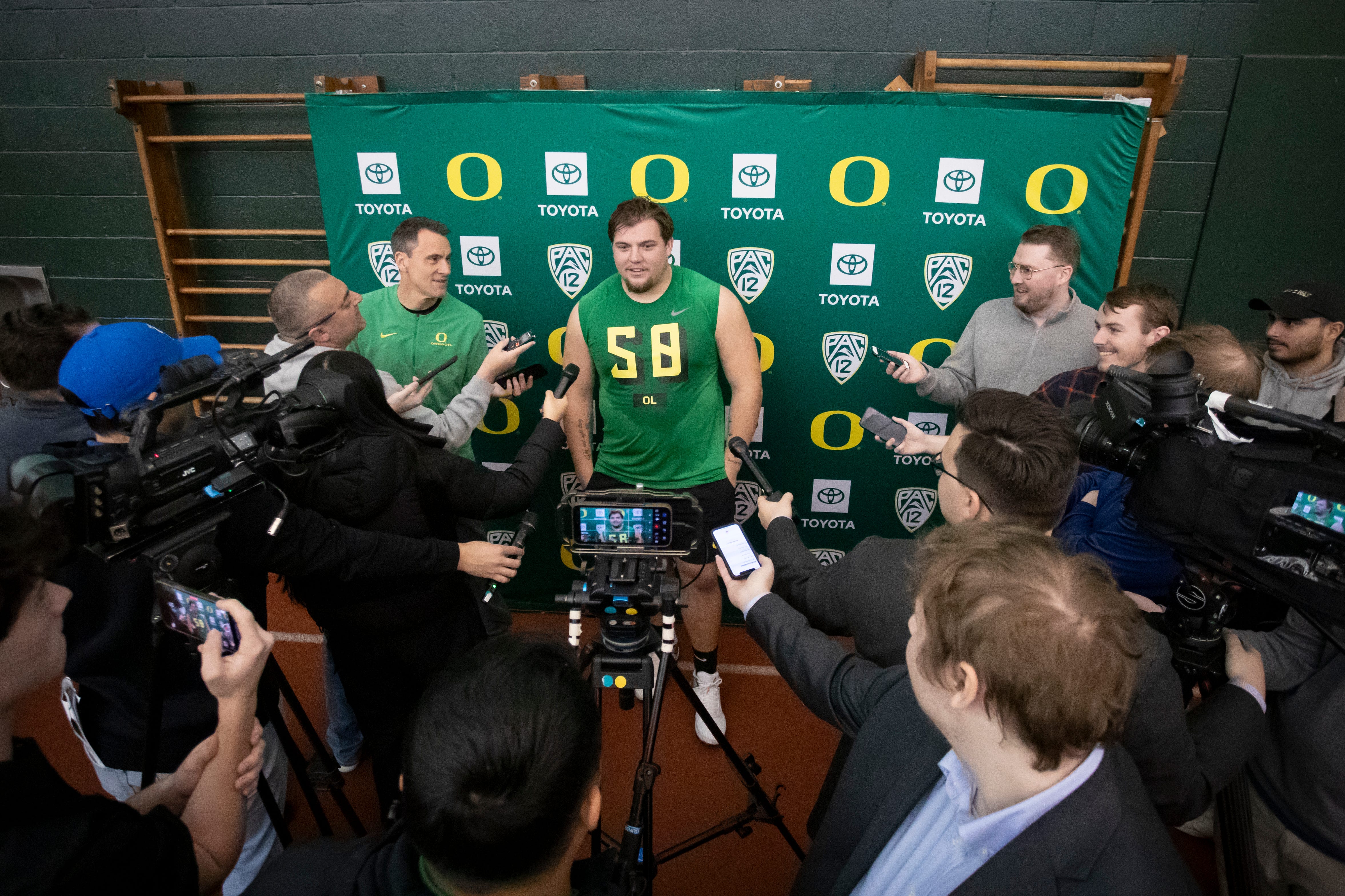 Oregon offensive lineman Jackson Powers-Johnson talks to members of the media during Oregon Pro Day Tuesday, March 12, 2024 at the Moshofsky Center in Eugene, Ore.