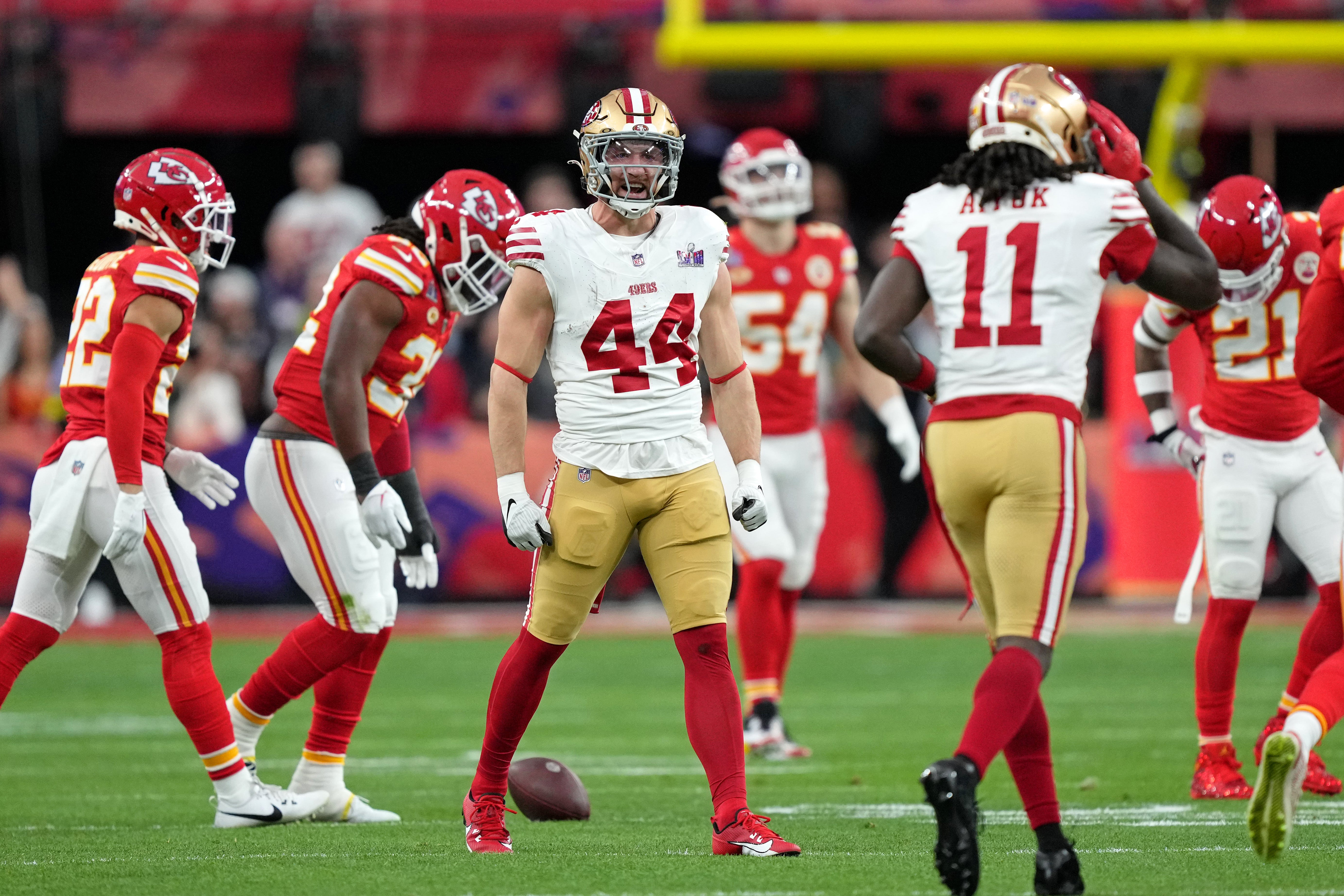 Feb 11, 2024; Paradise, Nevada, USA; San Francisco 49ers fullback Kyle Juszczyk (44) reacts after a play against the Kansas City Chiefs during the first quarter Super Bowl LVIII at Allegiant Stadium.