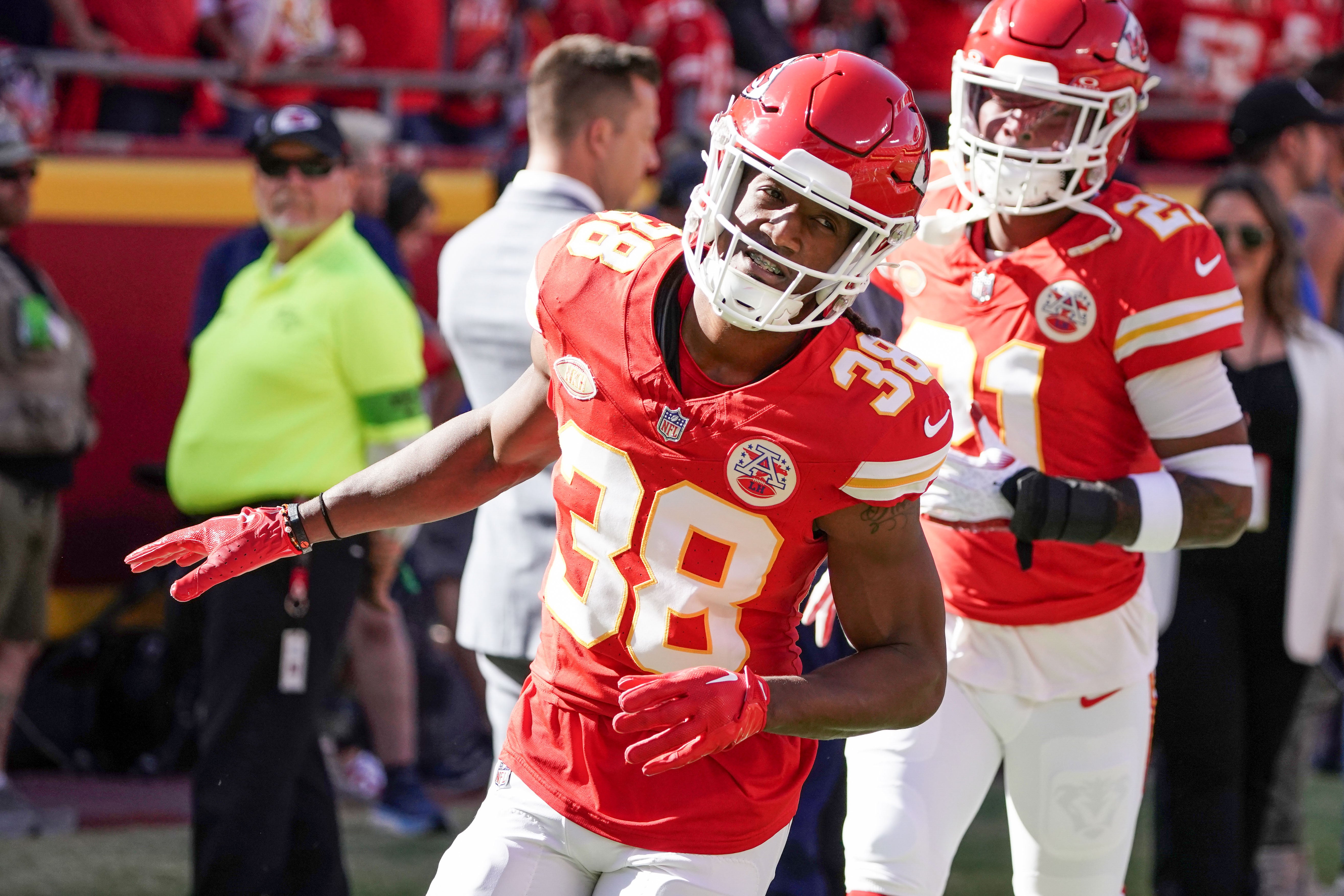 Oct 12, 2023; Kansas City, Missouri, USA; Kansas City Chiefs cornerback L'Jarius Sneed (38) takes the field for warm ups against the Los Angeles Chargers prior to a game at GEHA Field at Arrowhead Stadium.