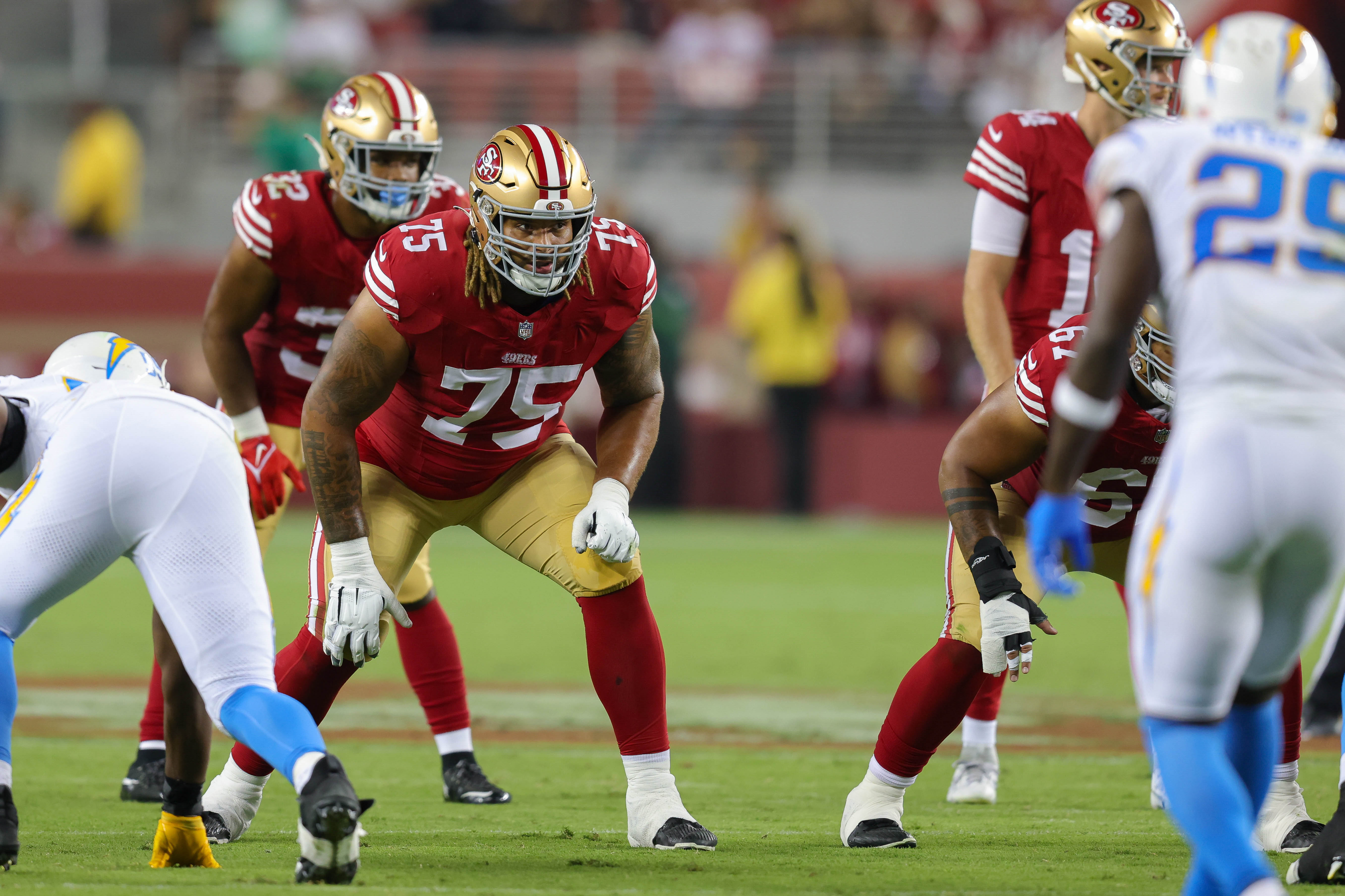 Aug 25, 2023; Santa Clara, California, USA; San Francisco 49ers offensive tackle Matt Pryor (75) during the game against the Los Angeles Chargers at Levi's Stadium.