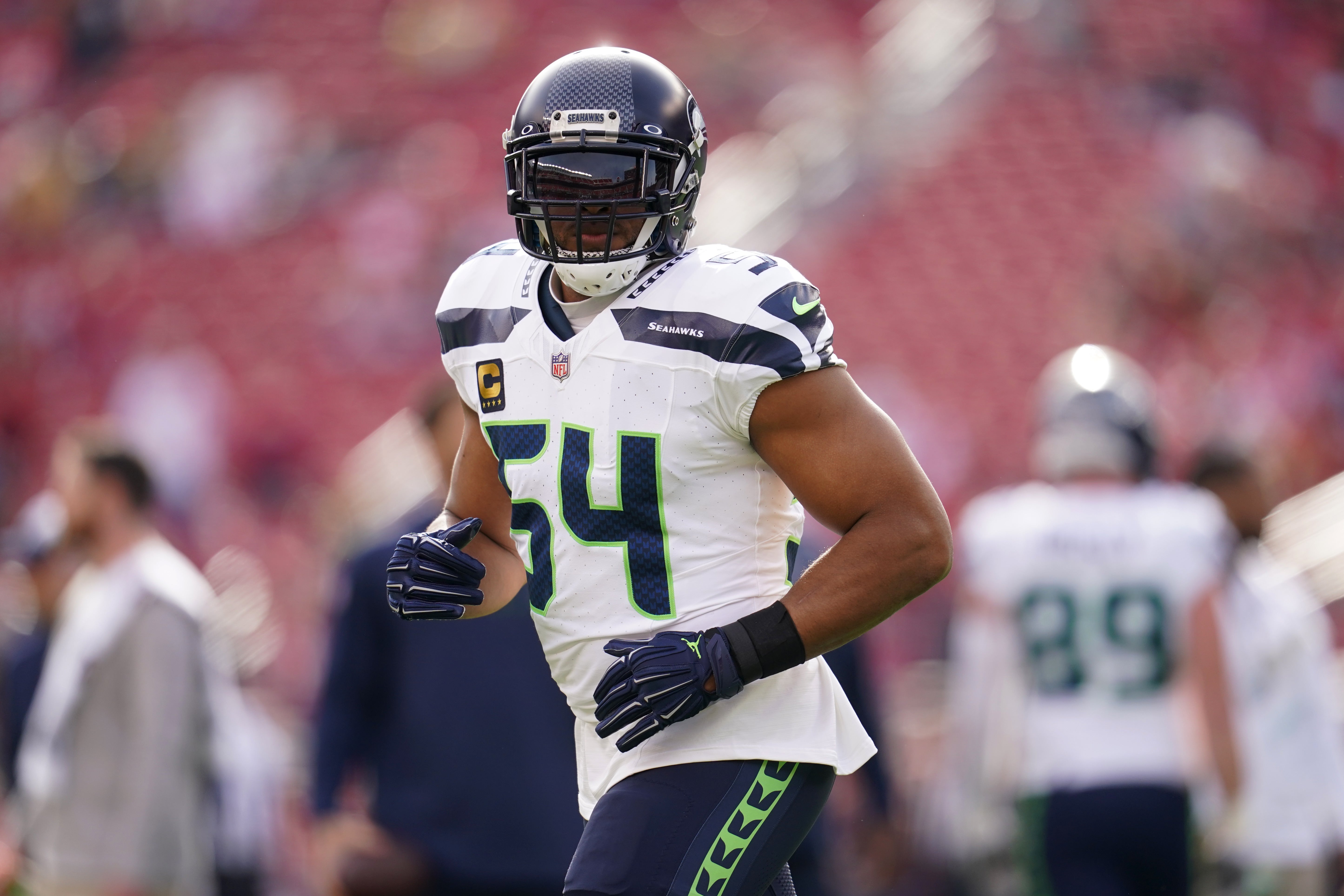 Dec 10, 2023; Santa Clara, California, USA; Seattle Seahawks linebacker Bobby Wagner (54) jogs on the field before the start of the game against the San Francisco 49ers at Levi's Stadium.
