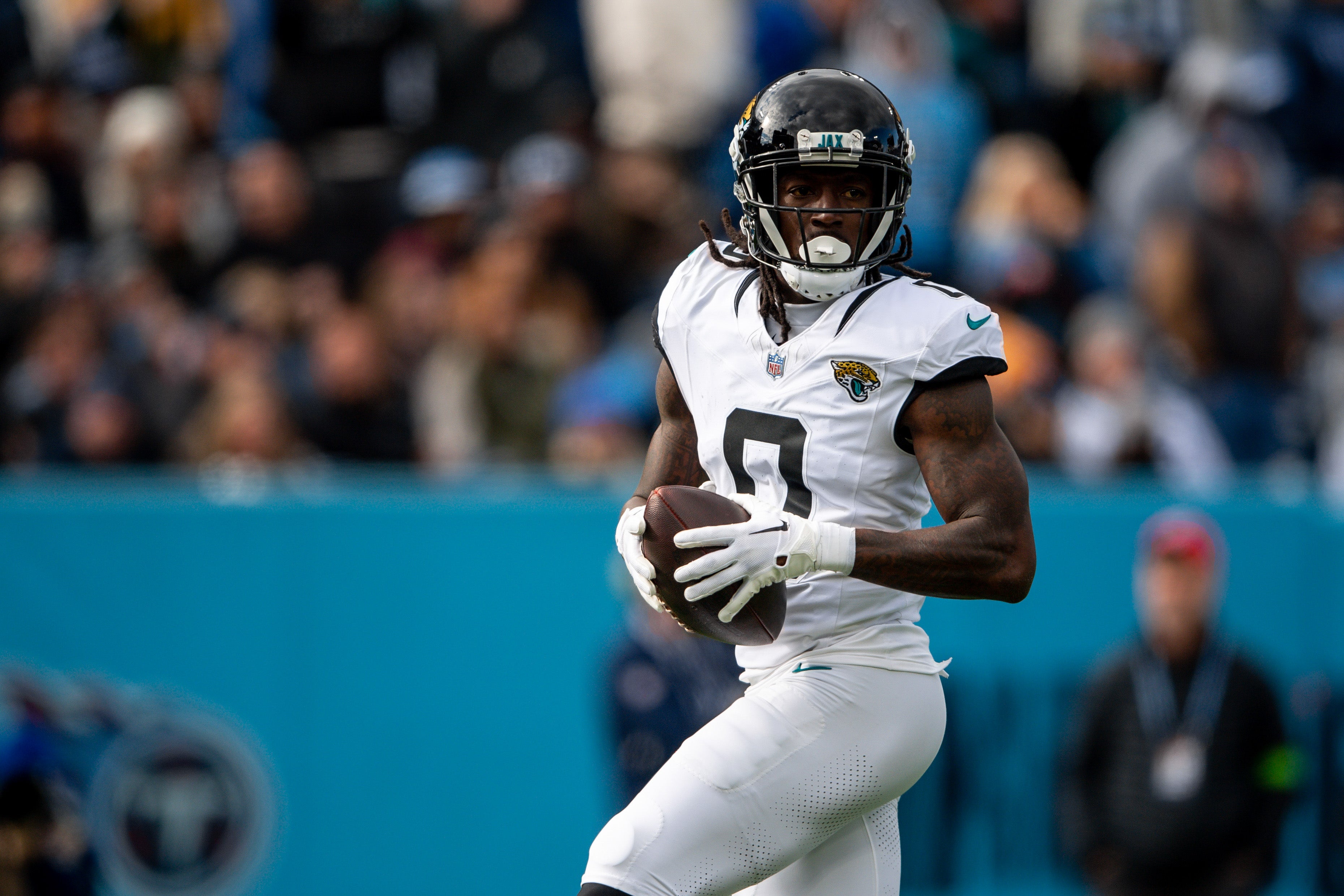 Jacksonville Jaguars wide receiver Calvin Ridley (0) celebrates after scoring a touchdown against the Tennessee Titans during the first half at Nissan Stadium. Steve Roberts-USA TODAY Sports