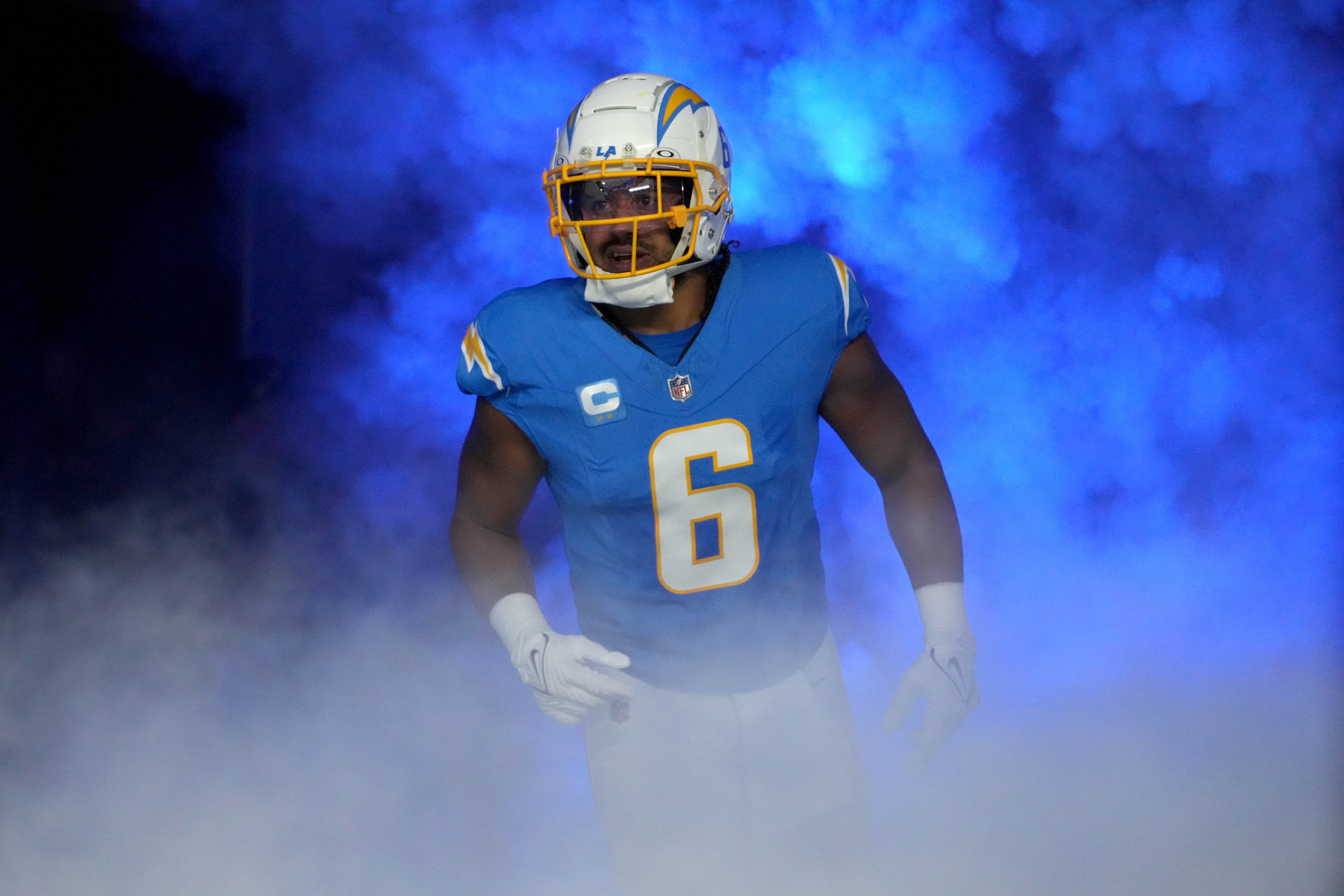 Oct 29, 2023; Inglewood, California, USA; Los Angeles Chargers linebacker Eric Kendricks (6) enters the field before the game against the Chicago Bears at SoFi Stadium.