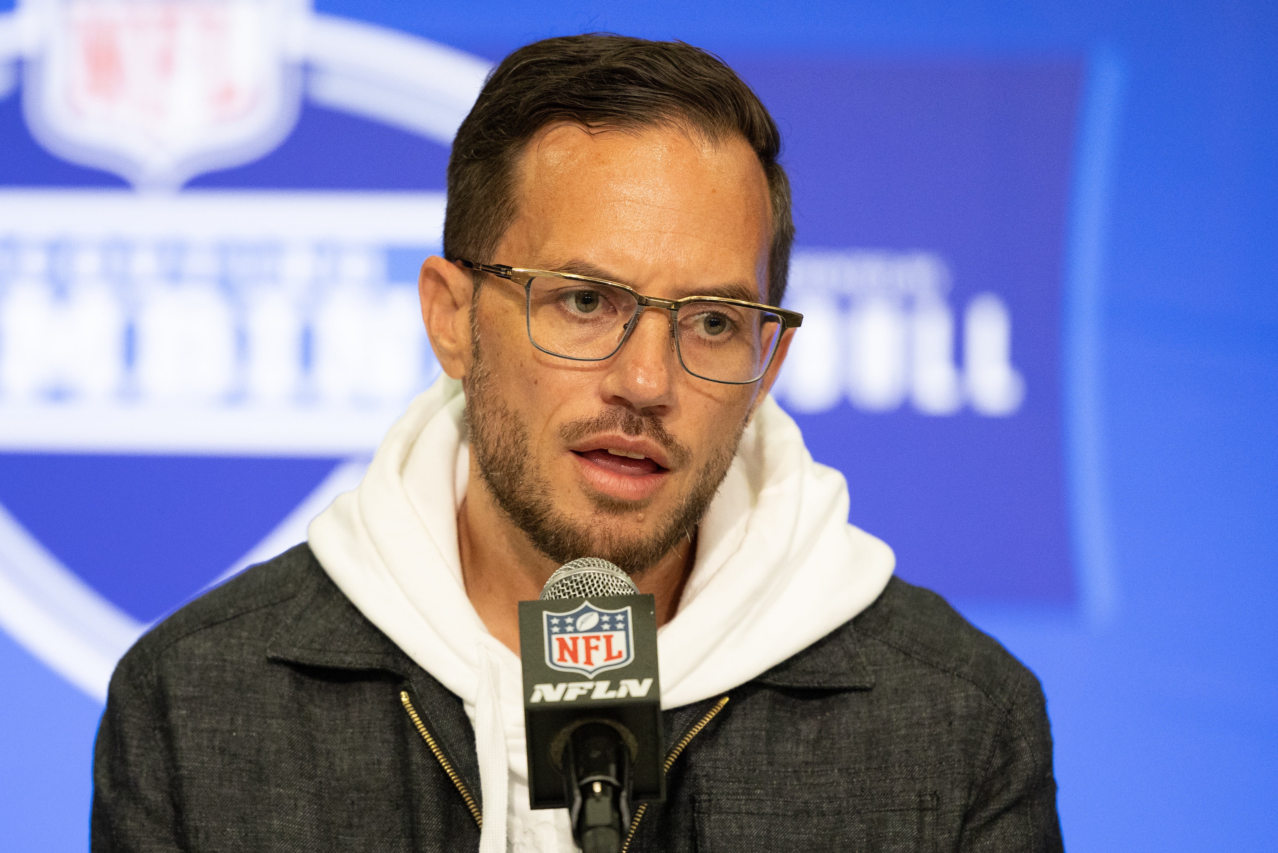 Feb 27, 2024; Indianapolis, IN, USA; Miami Dolphins head coach Mike McDaniel talks to the media at the 2024 NFL Combine at Indiana Convention Center.