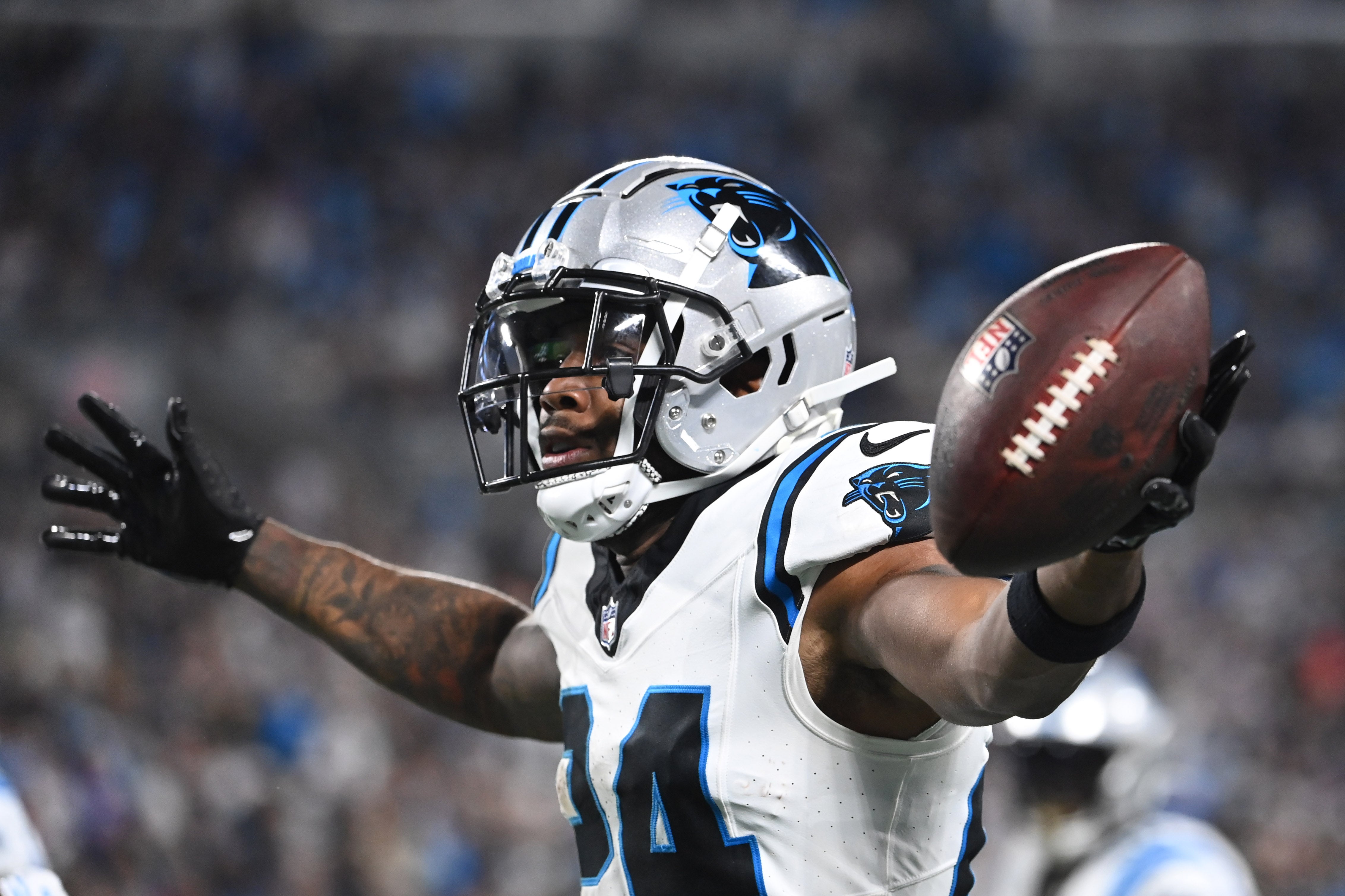 Sep 18, 2023; Charlotte, North Carolina, USA; Carolina Panthers safety Vonn Bell (24) reacts after intercepting the ball in the second quarter at Bank of America Stadium. Mandatory Credit: Bob Donnan-USA TODAY Sports