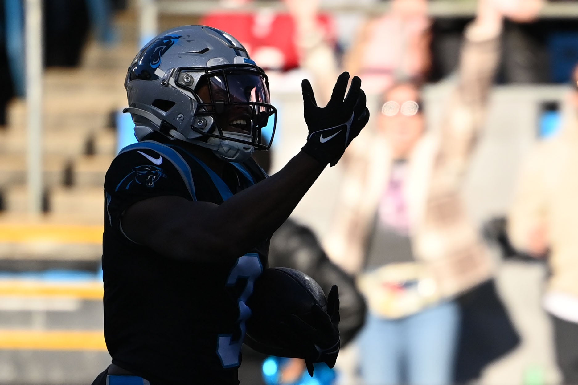Jan 7, 2024; Charlotte, North Carolina, USA; Carolina Panthers running back Raheem Blackshear (3) reacts in the fourth quarter at Bank of America Stadium. Mandatory Credit: Bob Donnan-USA TODAY Sports