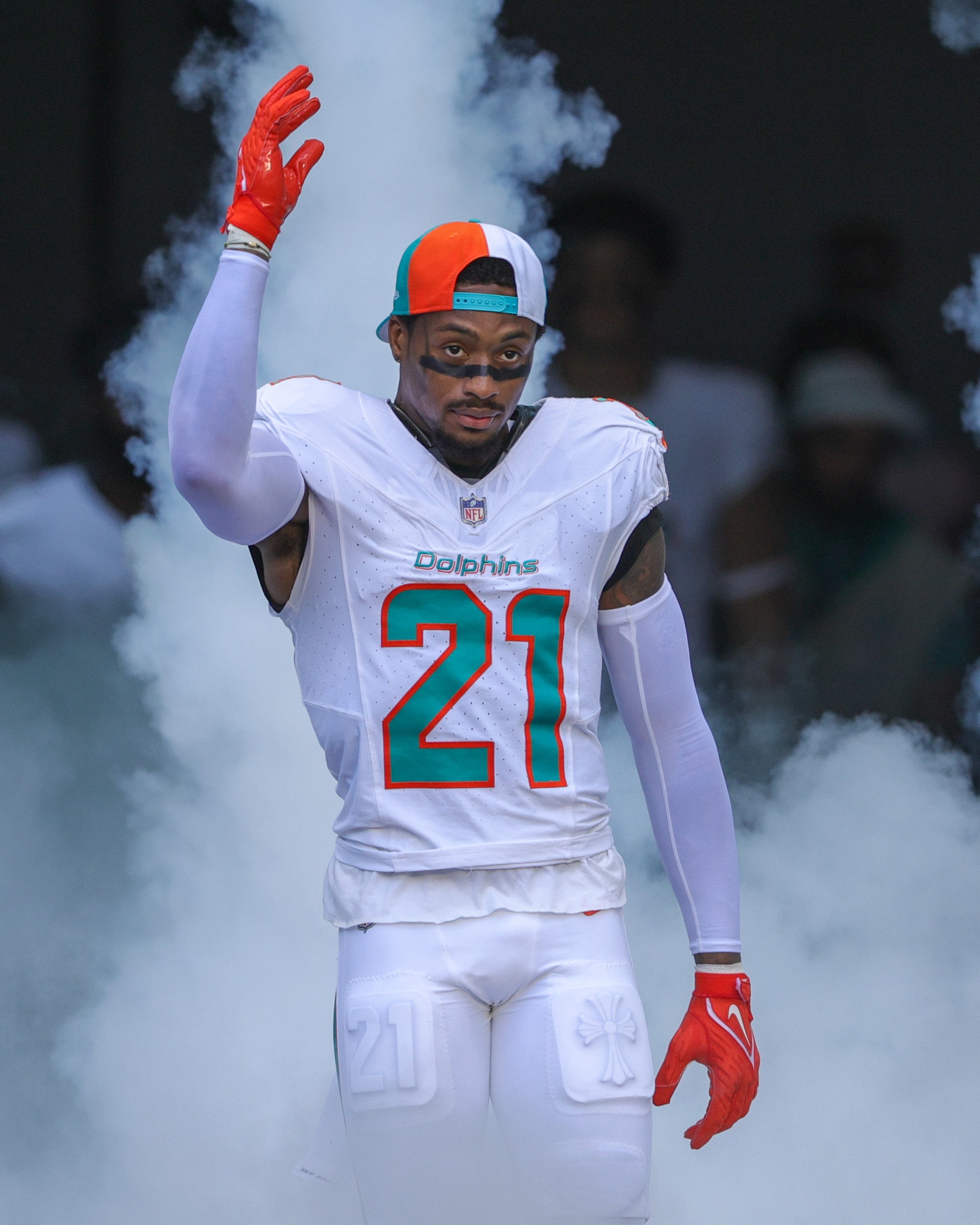 Sep 24, 2023; Miami Gardens, Florida, USA; Miami Dolphins safety DeShon Elliott (21) is introduced onto the field before a game against the Denver Broncos at Hard Rock Stadium. Mandatory Credit: Nathan Ray Seebeck-USA TODAY Sports  