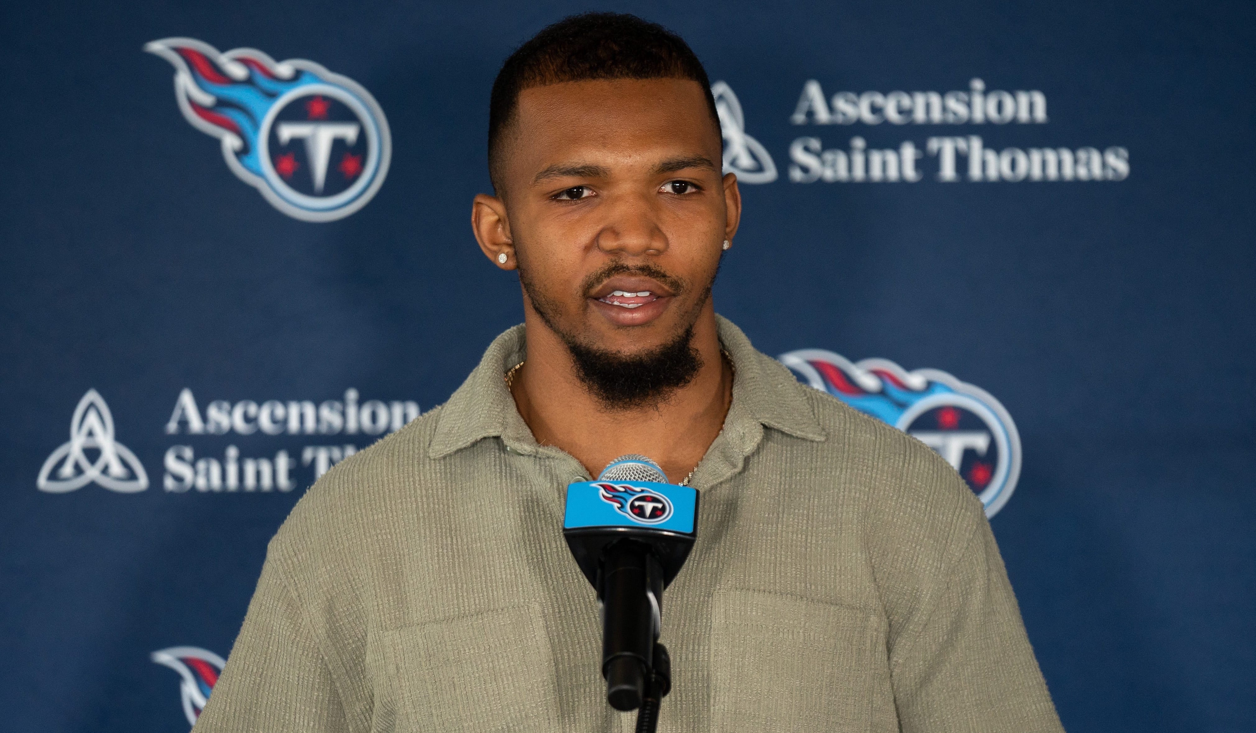 Tennessee Titans new free-agent running back Tony Pollard fields questions at Ascension Saint Thomas Sports Park in Nashville, Tenn., Thursday, March 14, 2024 Denny Simmons / The Tennessean-USA TODAY NETWORK