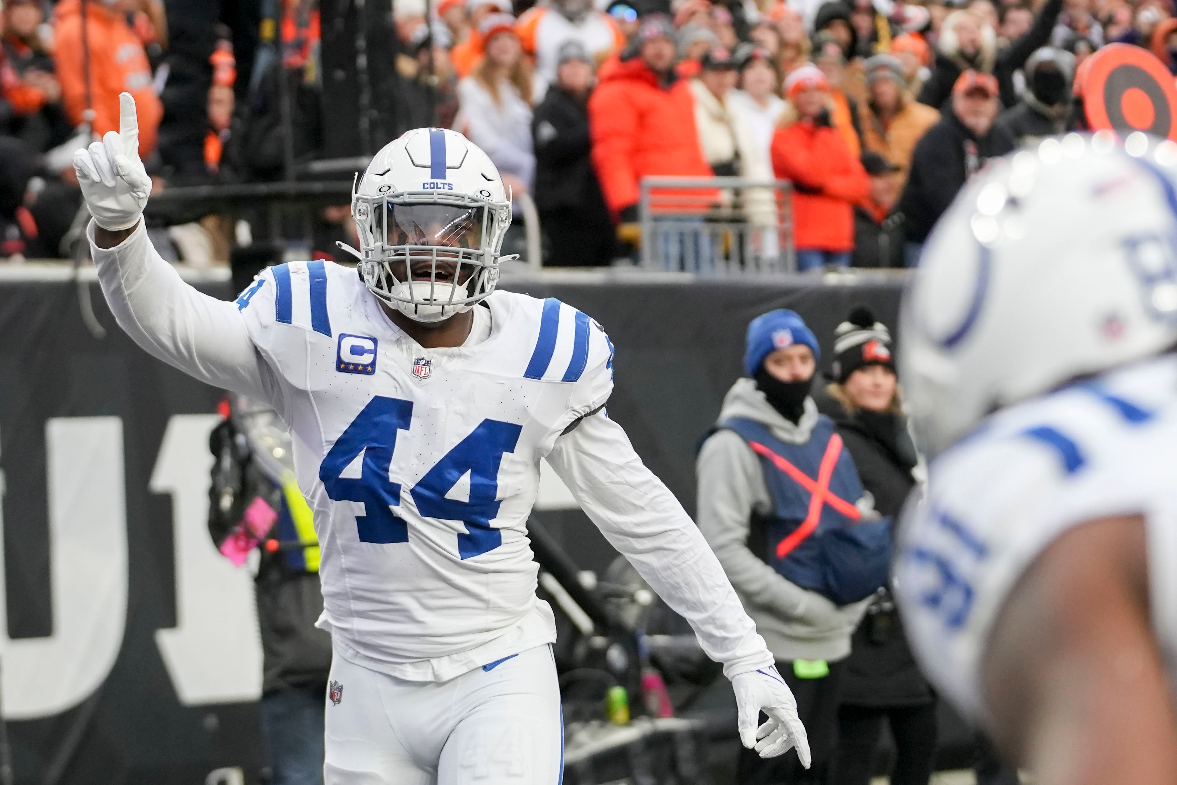 Dec 10, 2023; Cincinnati, Ohio, USA; Indianapolis Colts linebacker Zaire Franklin (44) reacts to a play at Paycor Stadium.