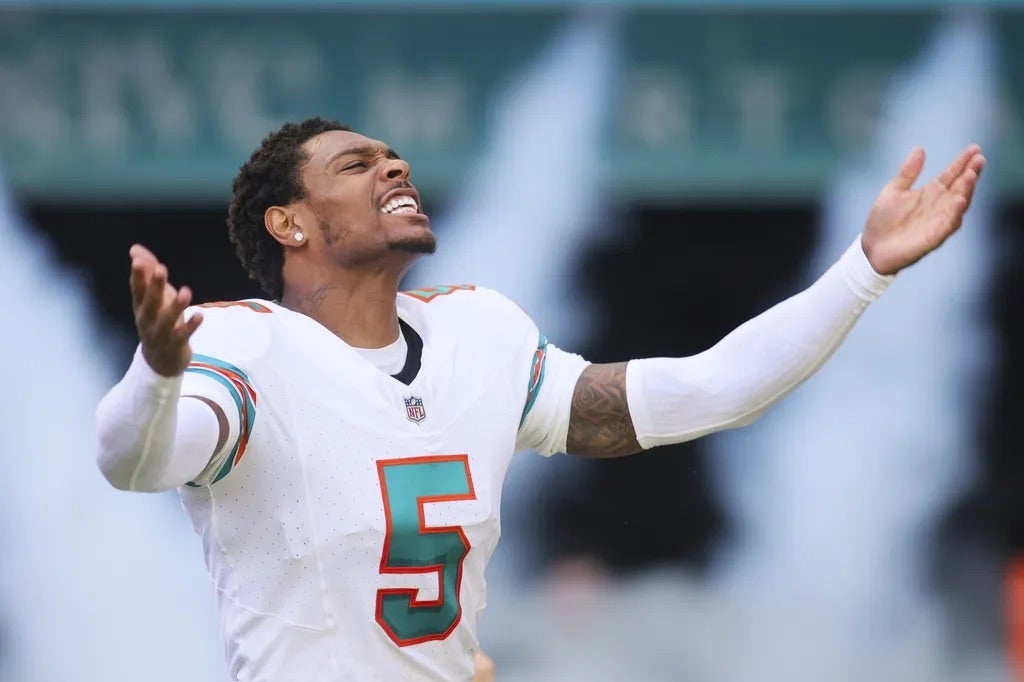 Miami Dolphins cornerback Jalen Ramsey (5) reacts as he takes the field prior to the game against the New England Patriots at Hard Rock Stadium.